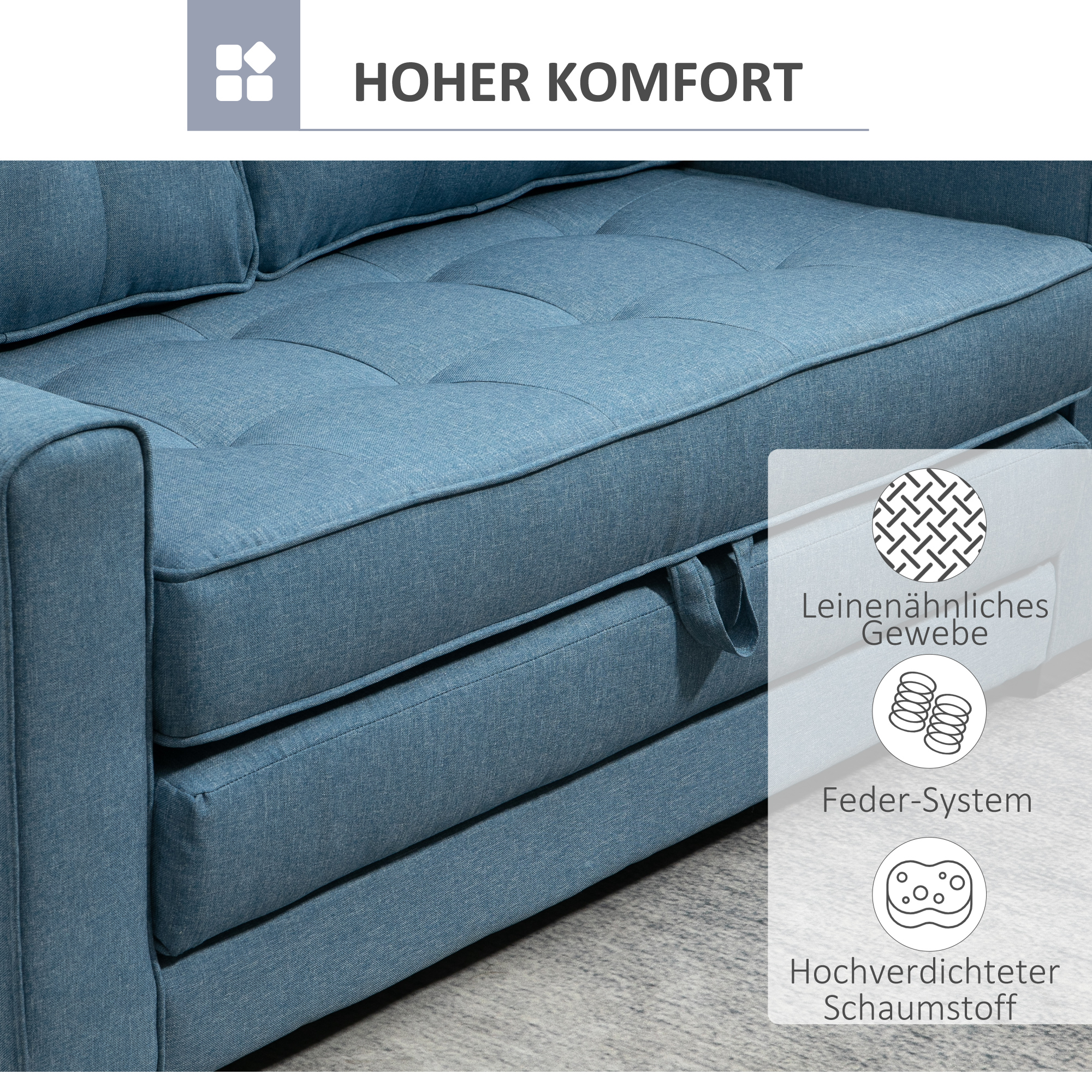 HOMCOM slaapbank, opklapbare sofa 2-zits, stoffen slaapbank, sofa met slaapfunctie, linnen touch, rubber hout, blauw, 147.5 x 75 x 85 cm