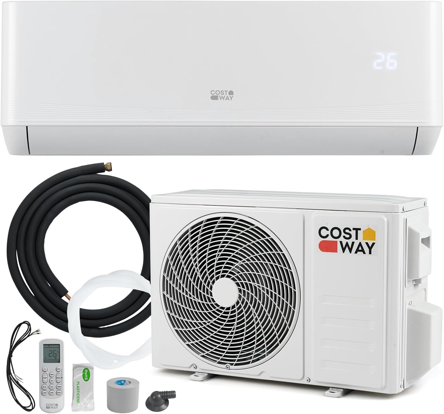 COSTWAY 12000BTU Split Klimageräte, Klimaanlage 3,4kW mit Heizfunktion, Air Conditioner energiesparend inkl. Kupferleitung, Kältemittel R32, Selfclean, Wandmotage für 70m³ Räume
