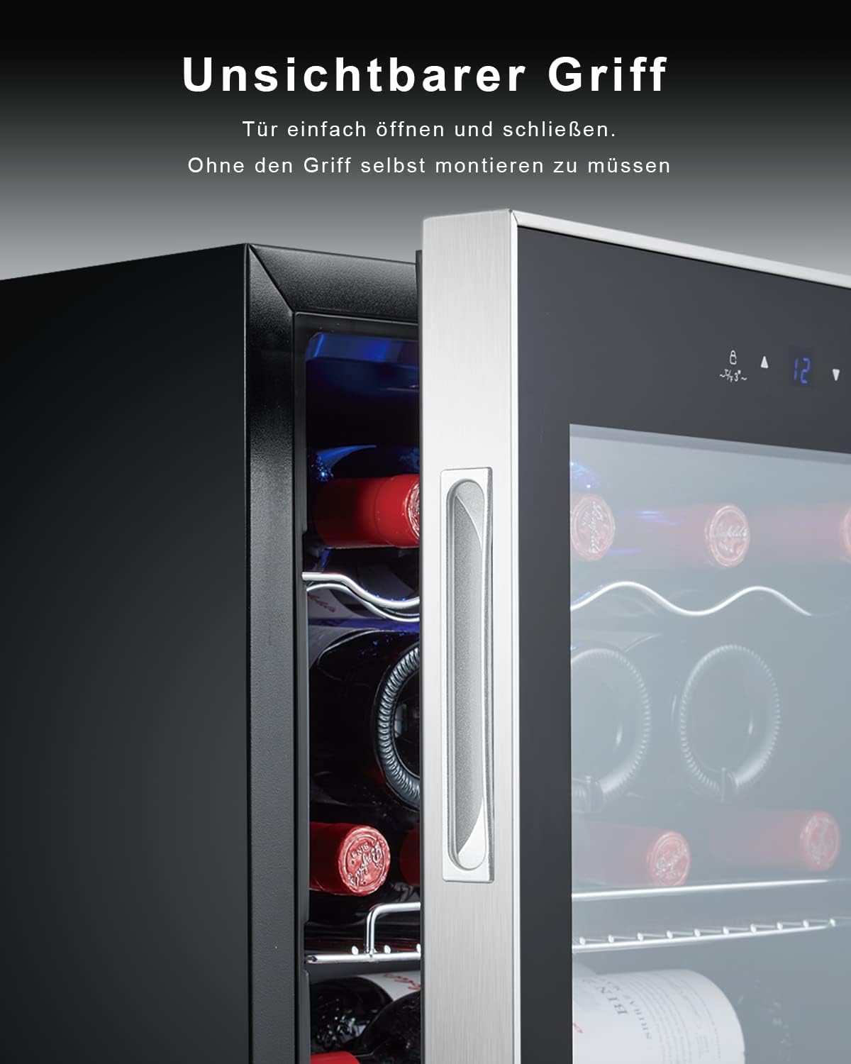 Kalamera Getränkekühlschrank, Bierkühlschrank mit Touch-Bedienfeld, 3-18°C Kühlzone, Flaschenkühlschrank 86 Liter, Blaue LED-Innenbeleuchtung, 41 dB, KRC-86GE