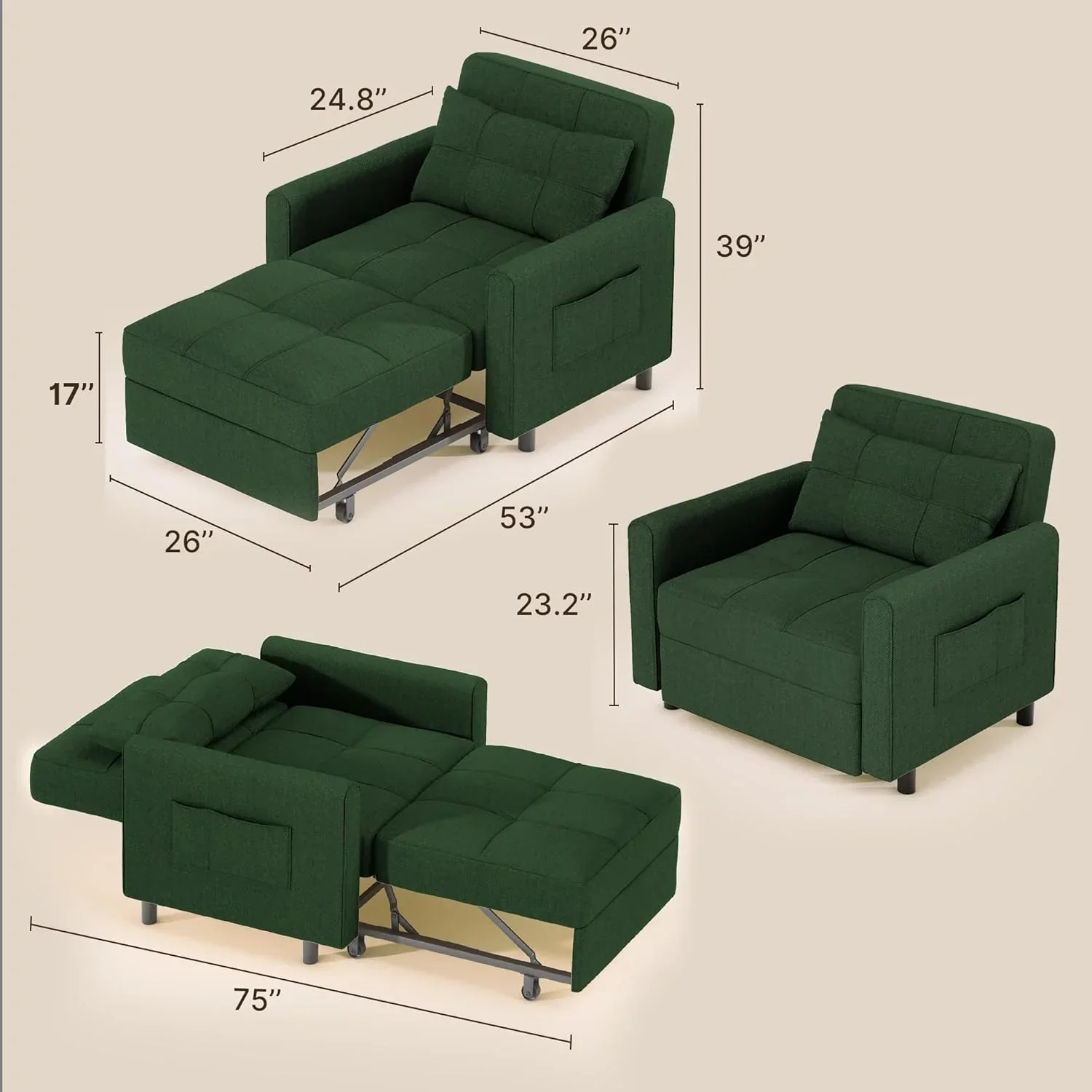 Sofa Bed Chair 3 in 1 Convertible Pullout Single Sleeper Chair Bed Spacious Multifunctional Sofa