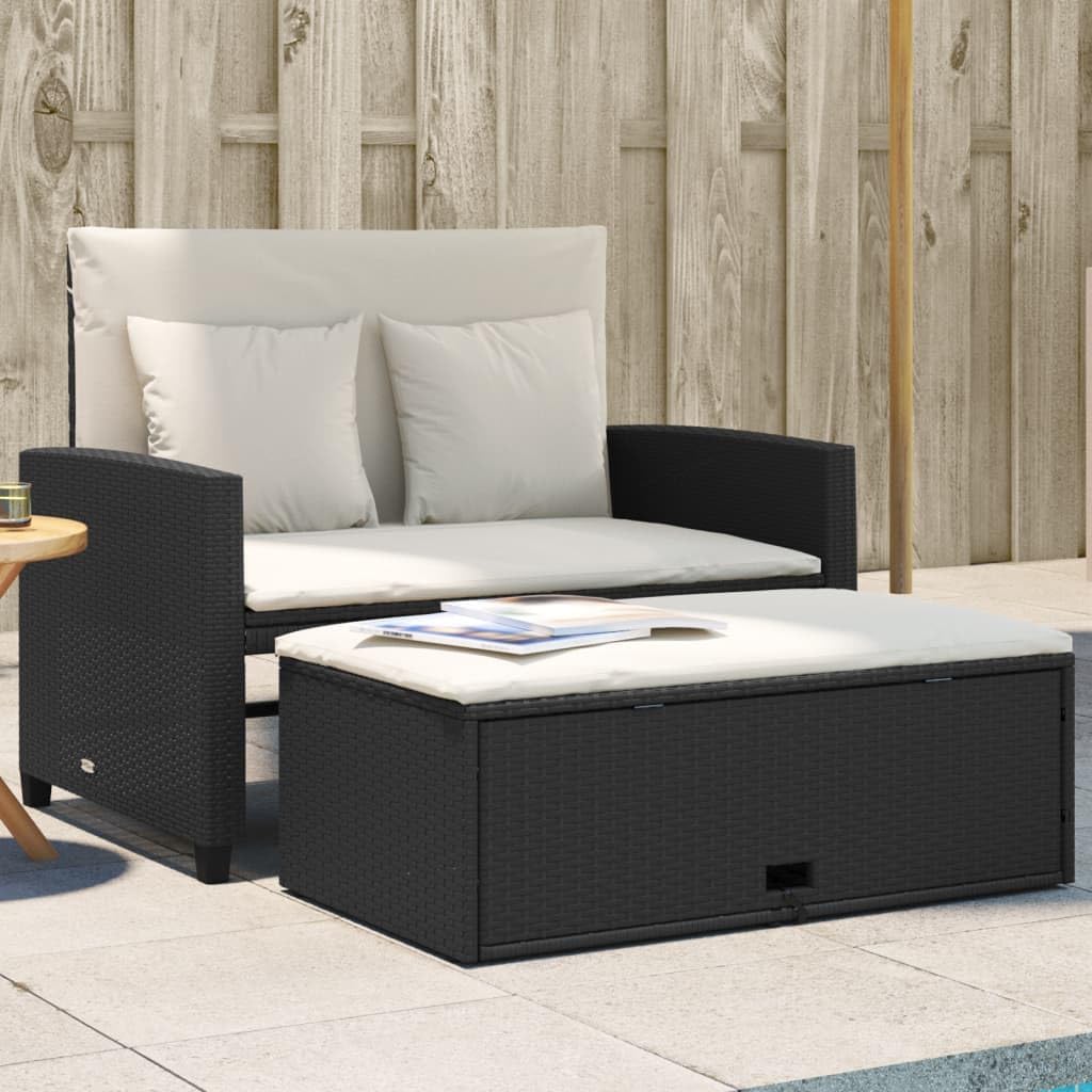 vidaXL Gartensofa 2-Sitzer, Outdoor Sofa mit Hocker mit Staufach, Gartenmöbel mit Kissen, Gartensessel Gartenbank, Schwarz Poly Rattan VC9087349