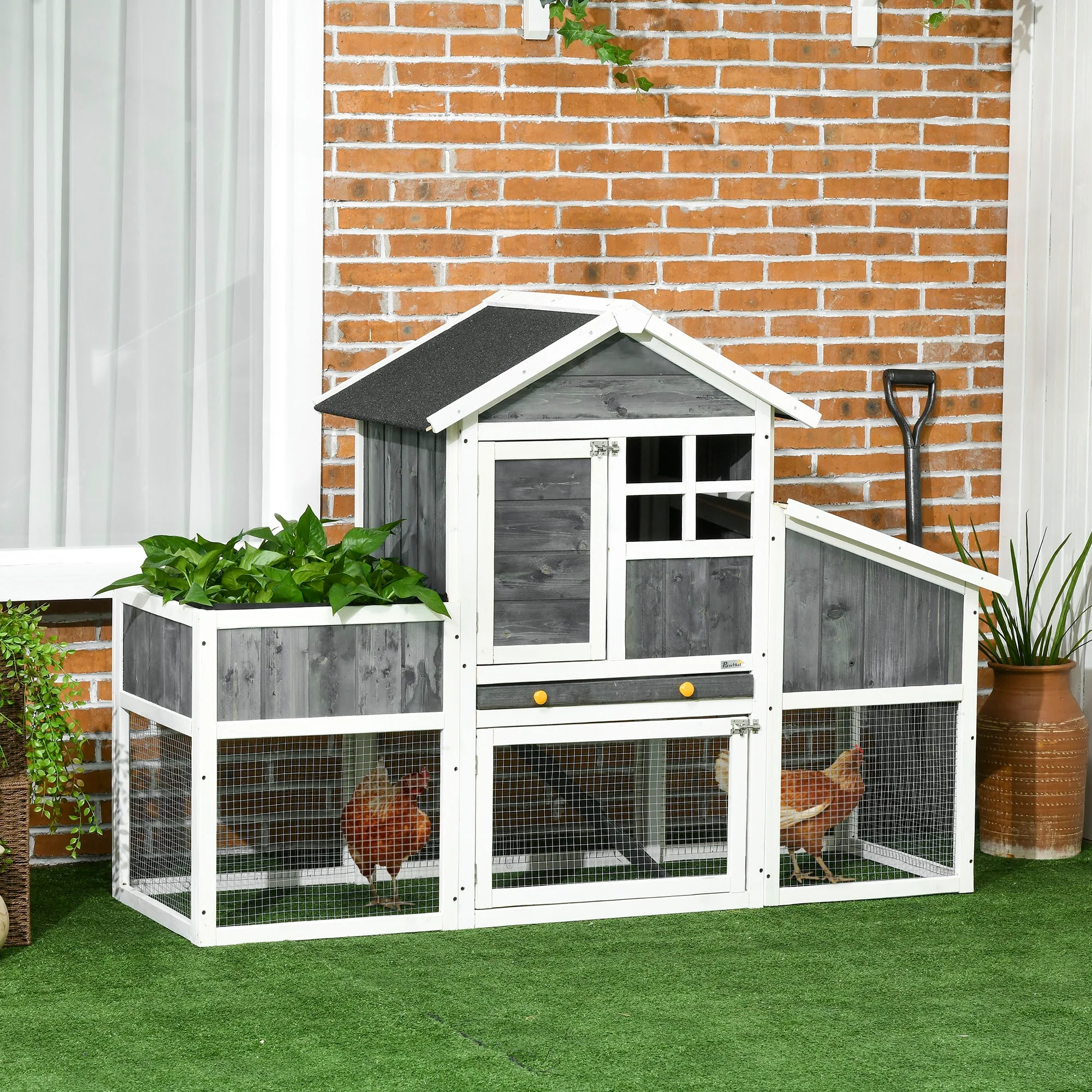 Easycomfort Pollaio Prefabbricato in Legno con Area Aperta, Casetta e Nido, 161.5x62.5x115cm, Grigio