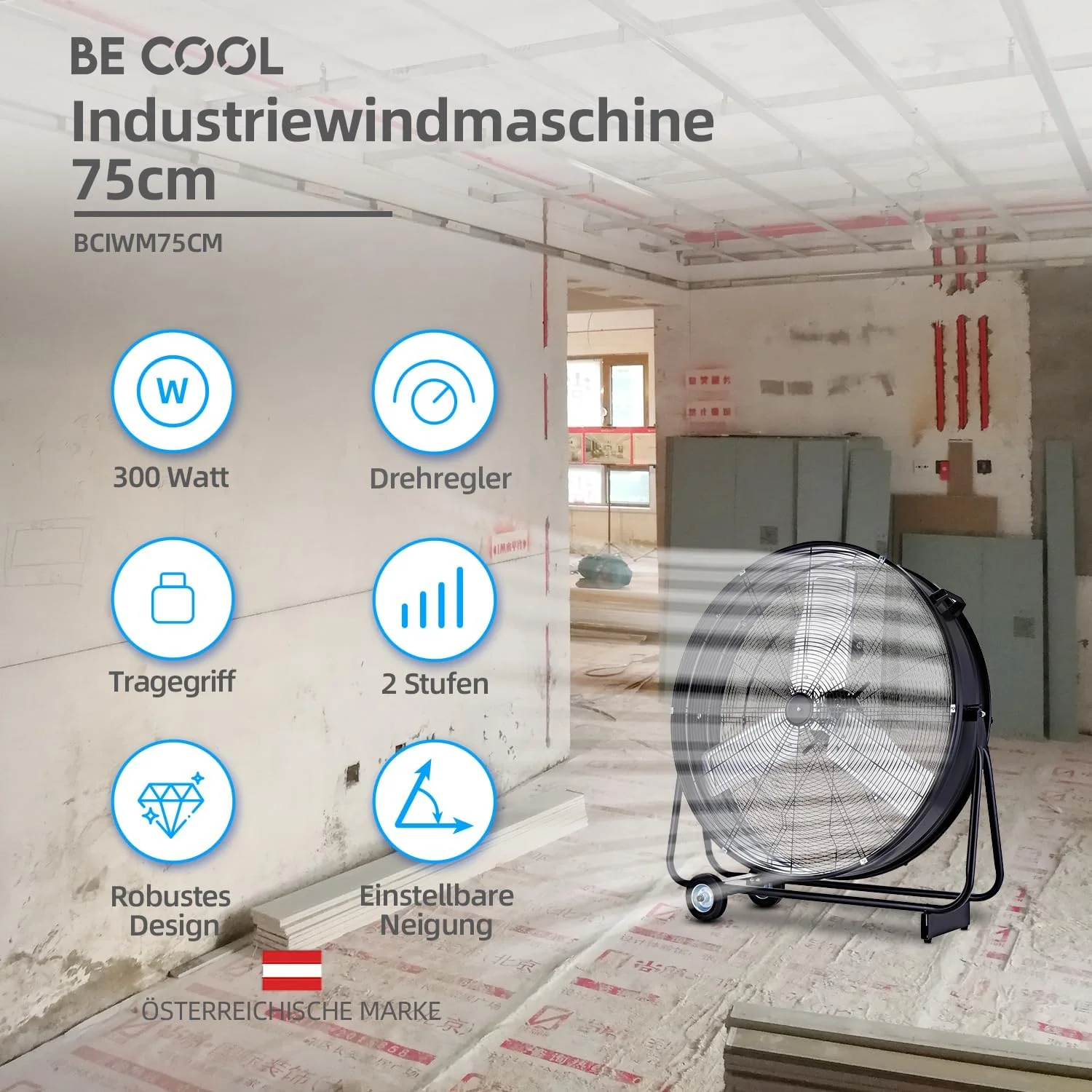 Be Cool ipari ventillátor 75 cm BCIWM75CM – Gurulós dobfúvó, Ø 75 cm (30