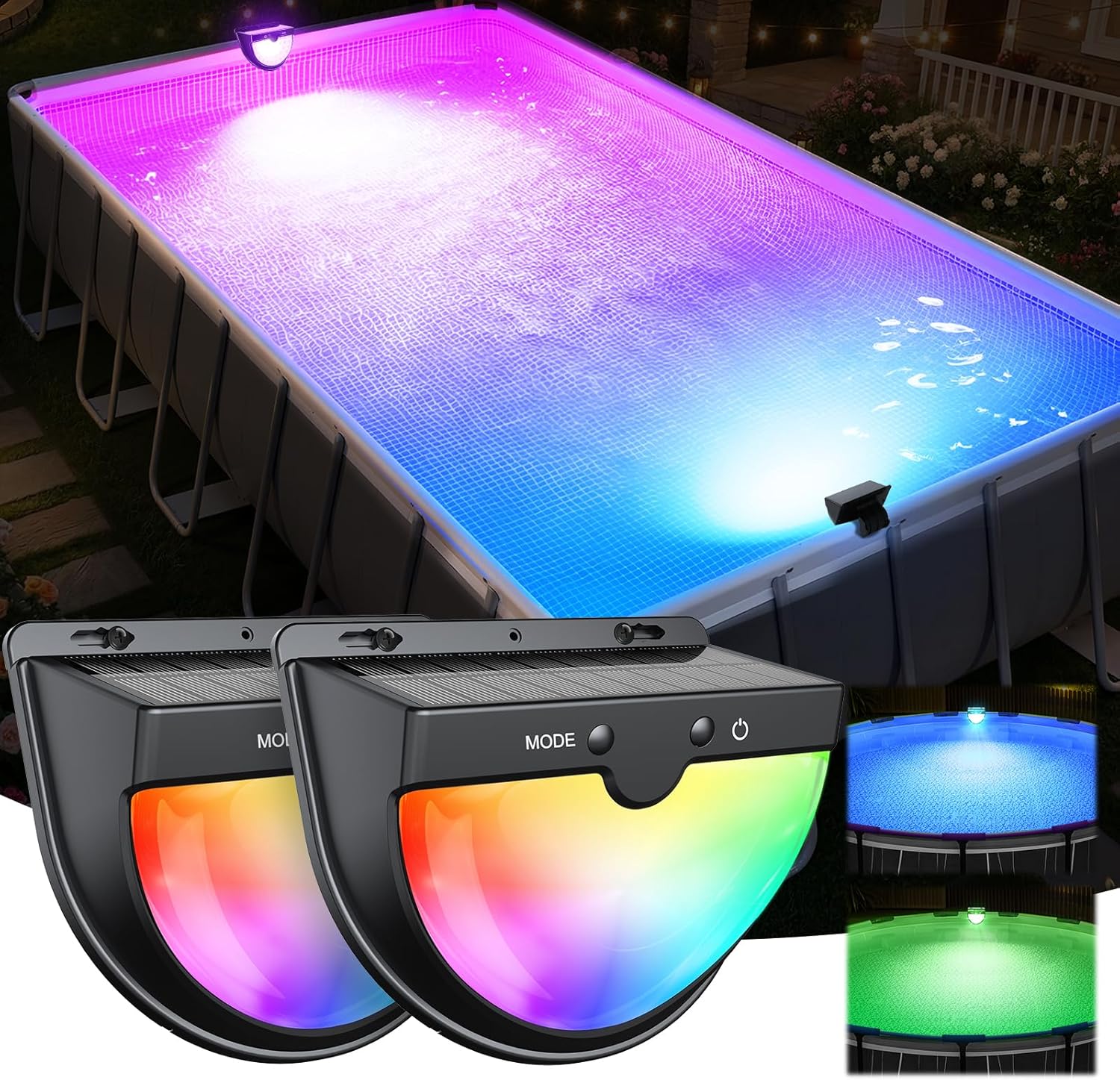 Solar-Poolleuchten für oberirdische Pools, Solar-Poolleuchten mit 10 Beleuchtungsmodi, 2025 Upgraded Frame Pools Solarlicht, RGB Outdoor wasserdichte Schwimmbäder Licht, Poolzubehör, 2 Stück