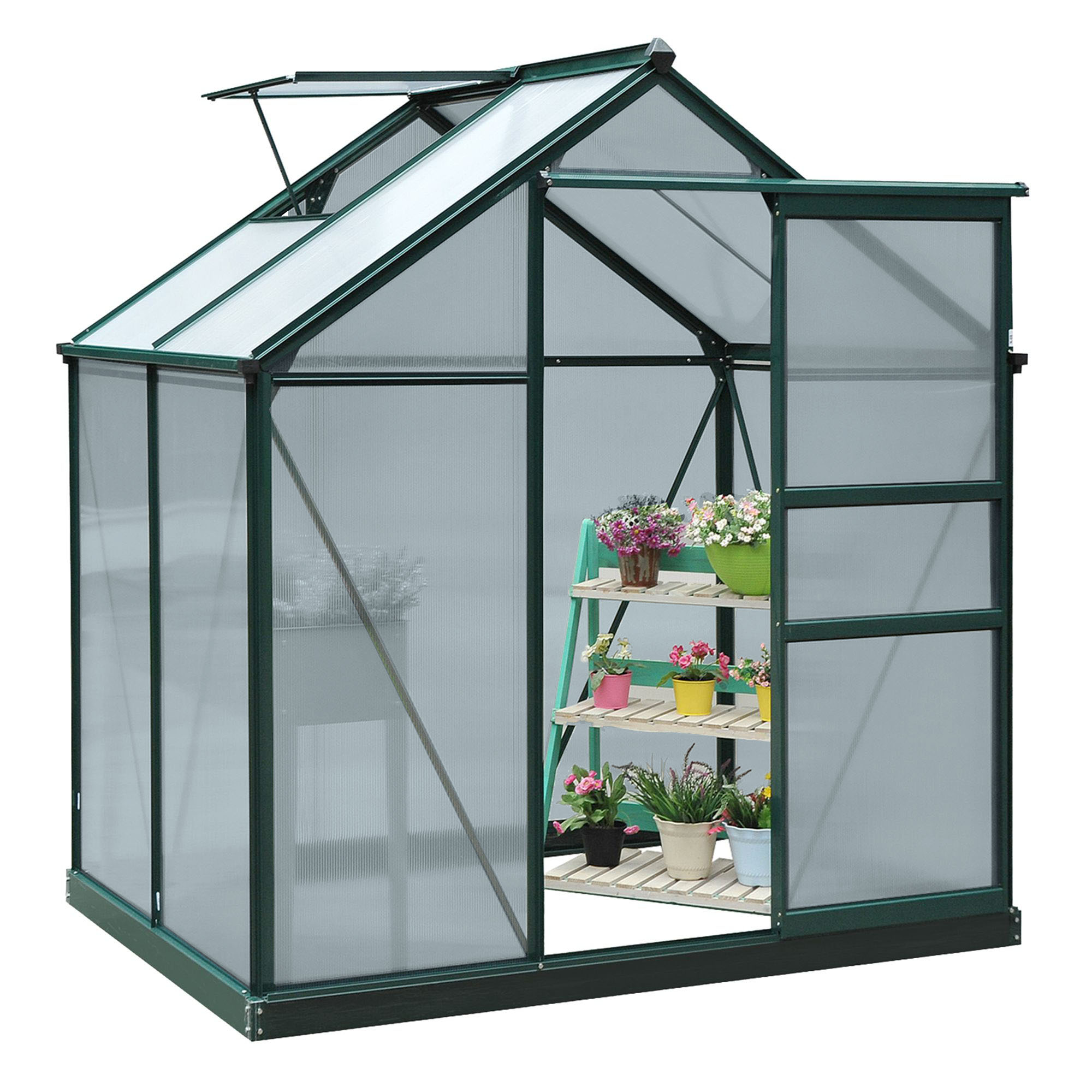 Outsunny kas aluminium kas met dakraam deur 190 x 132 x 201 cm plantenhuis met fundering inloop tomatenhuis weerbestendig polycarbonaat groen + transparant