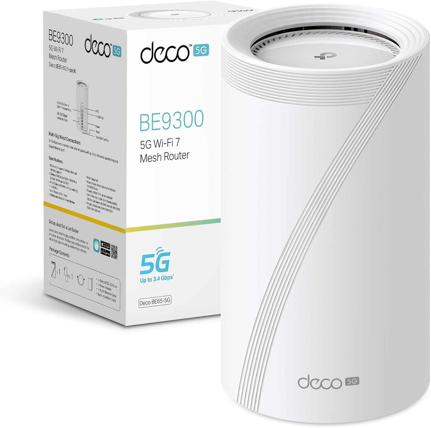 TP-Link Deco BE65-5G Router 5G WiFi 7, Wi-Fi Mesh Ultraveloce Tri-Band fino a 9214Mbps, 3 Porte 2.5Gbps, Connetti fino a 200 Dispositivi, Banda 6GHz, Multi-Link Operation, Canali 320MHz, Plug & Play