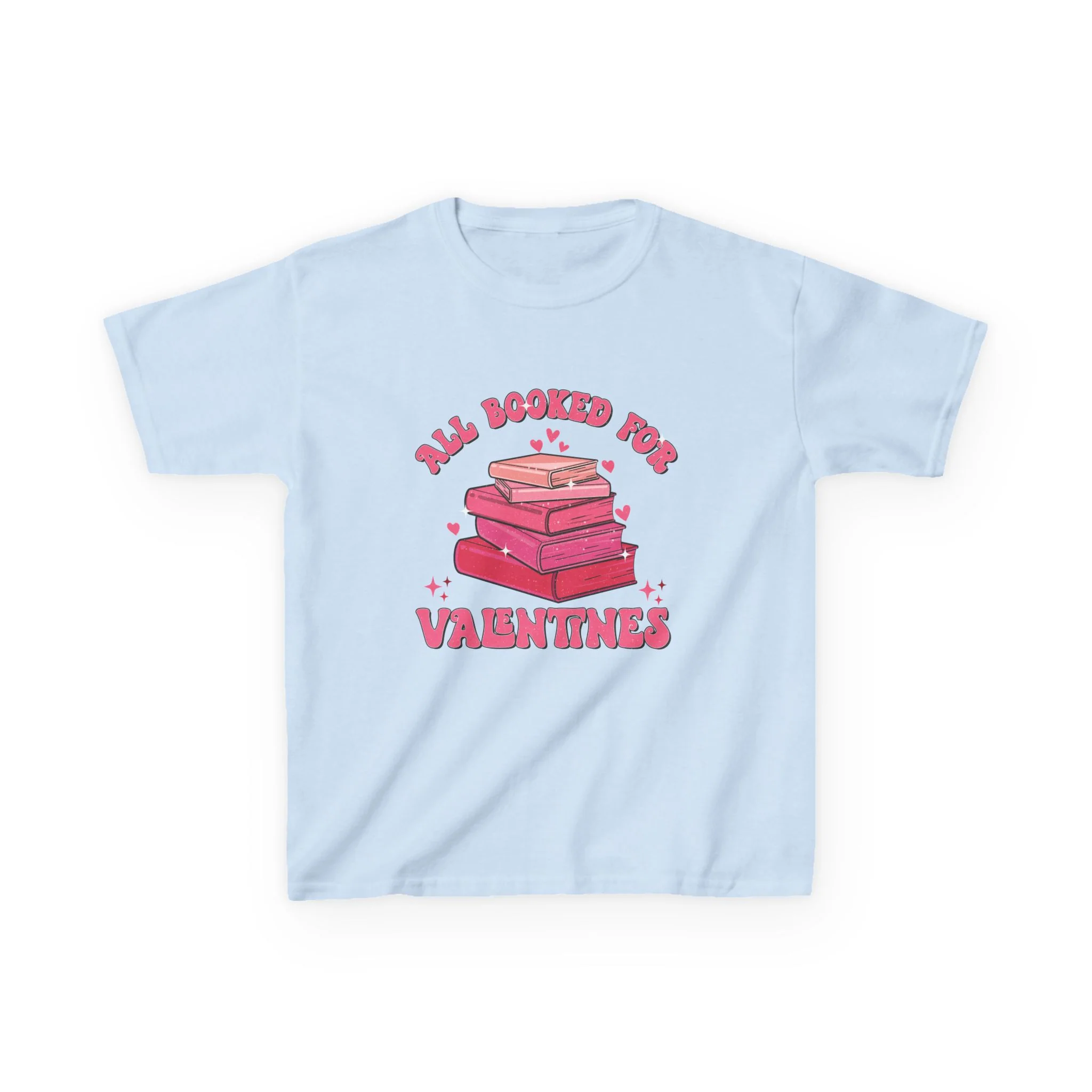 All Booked Up Valentines Kids Tee | Stack of Books, Pink Hearts