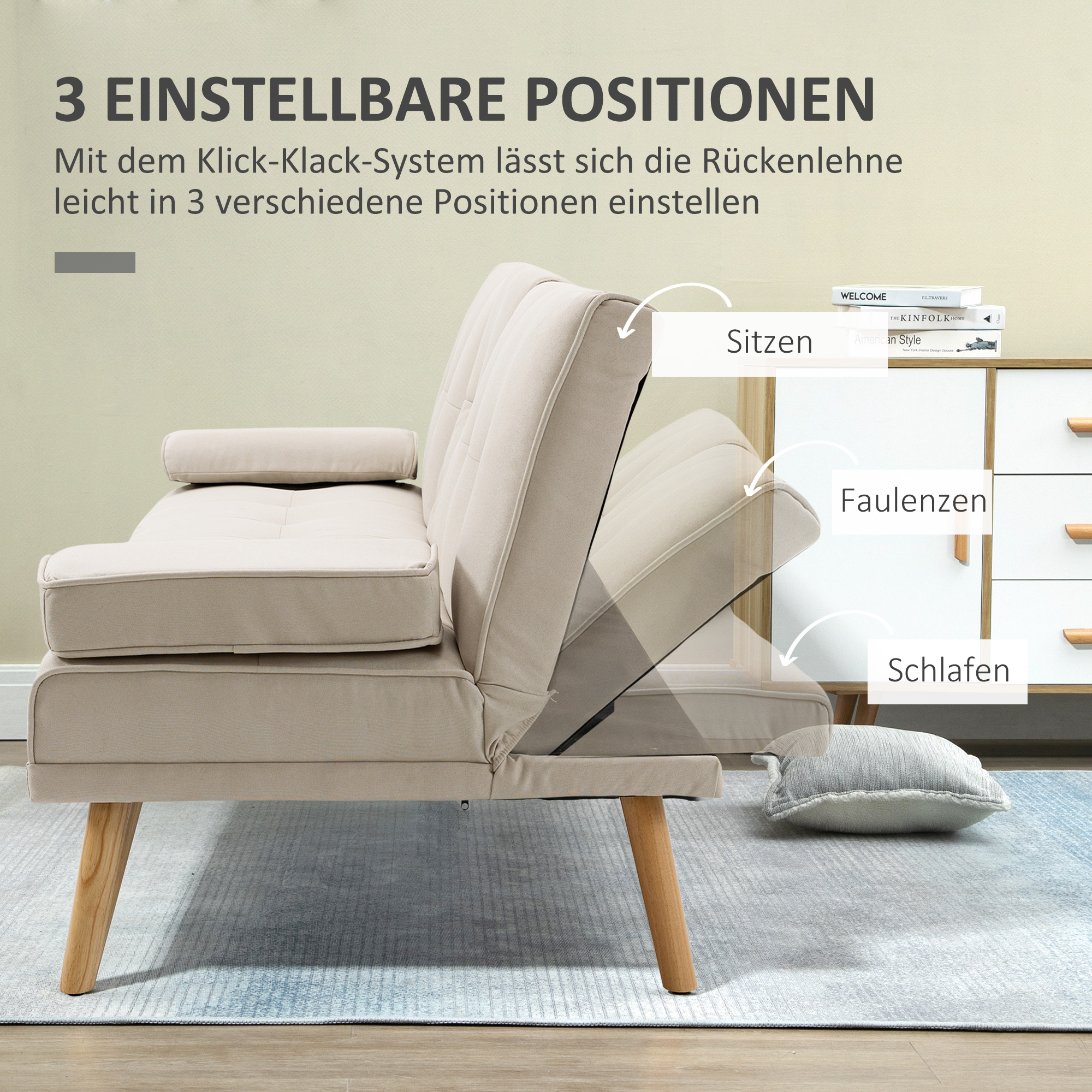 HOMCOM Slaapbank 3-zits, verstelbare rugleuning met inklaptafel, twee armkussens, linnenlook, beige, 181 x 77 x 78 cm