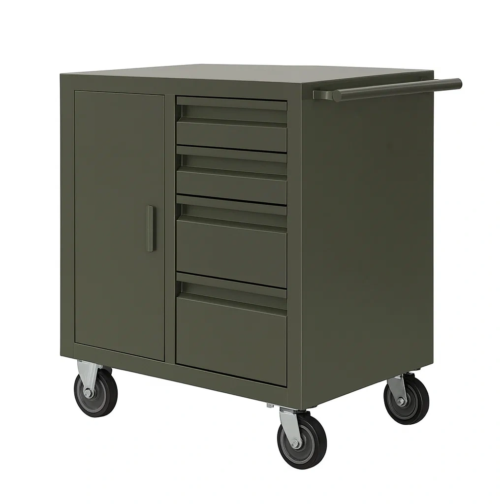 Chariot de rangement en acier avec tiroirs et porte vert foncé