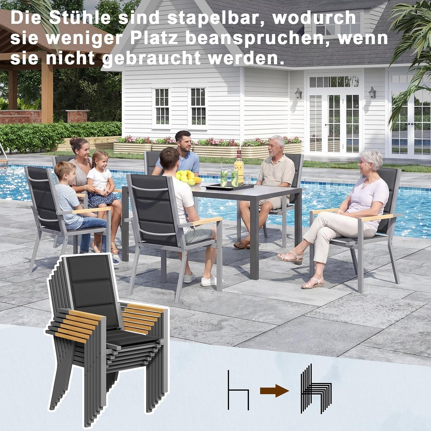 JUMMICO Gartenmöbel Set Terrassen Set Aluminium Gestell mit Holzoptik PS Tischplatte Komfortabler Hochlehner Einfach Montiert,6 Personen Set