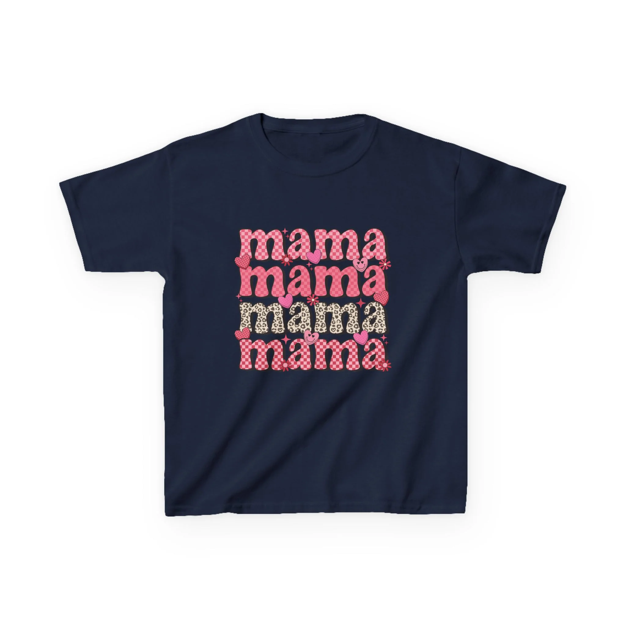 mama stacked text Kids Tee | Retro Pink Pattern