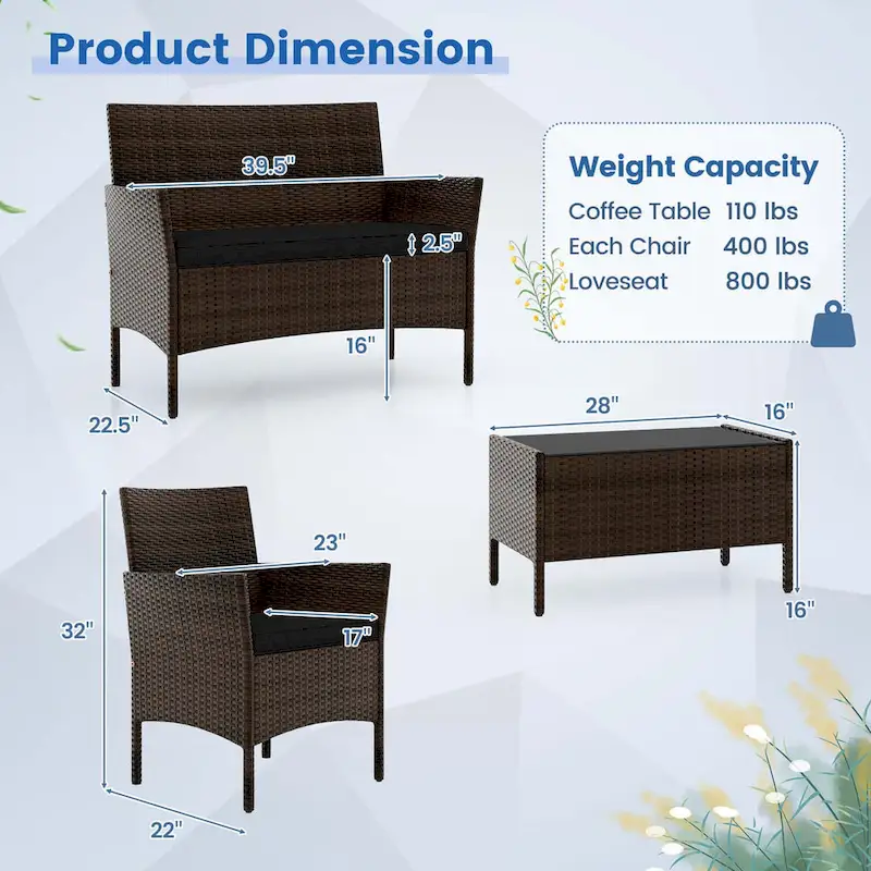 Costway 4 PCS Patio Furniture Set with Washable Cushions and Tempered - See Details