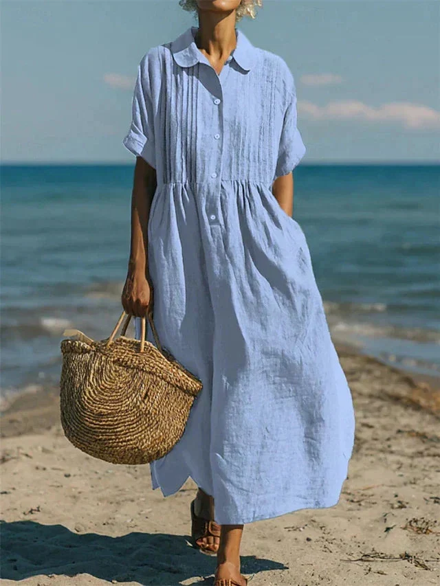 Womena??s Midi Dress Breathable Cotton Button-Front Summer Style