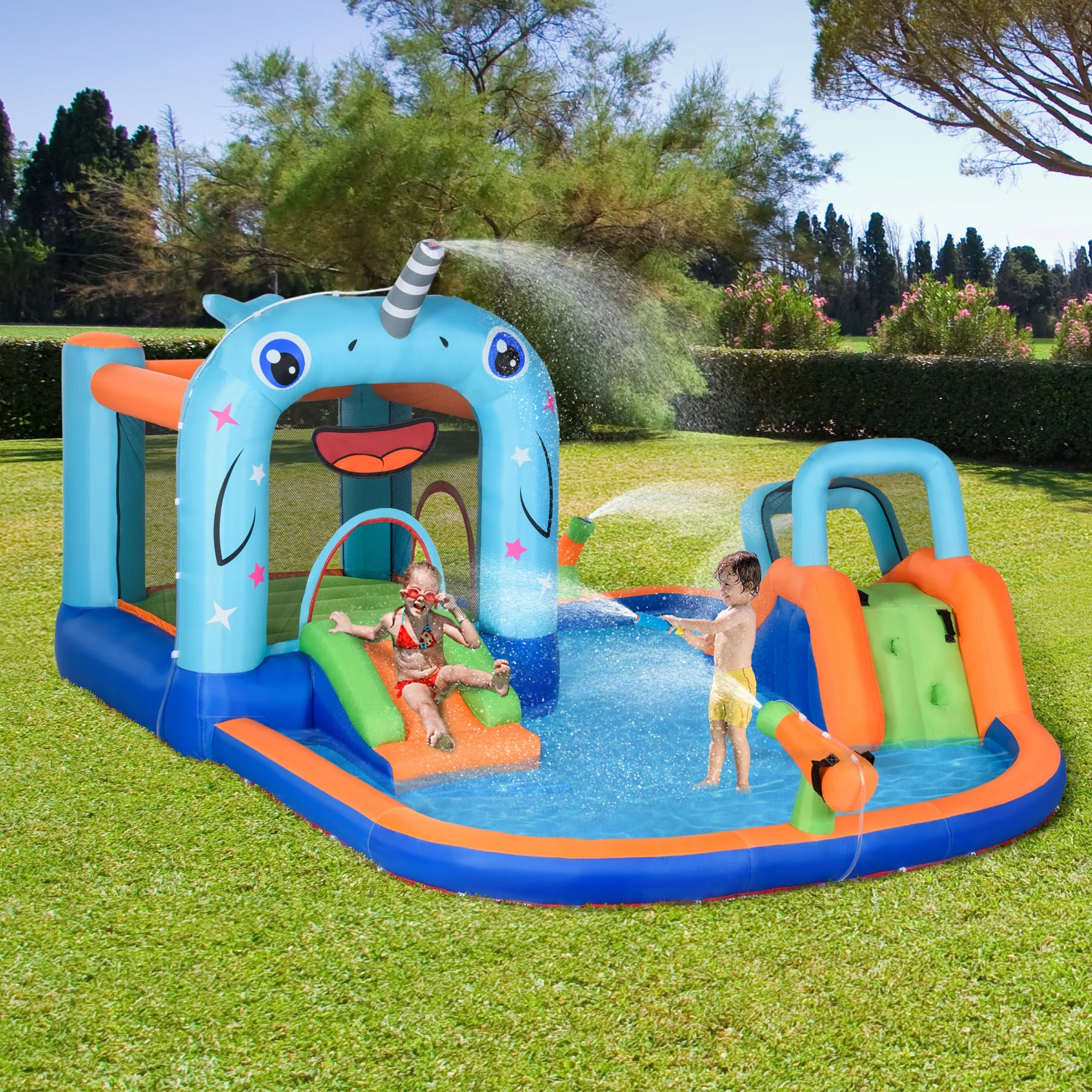 EasyComfort Gioco Gonfiabile per Bambini 3-8 Anni con Borsa da Trasporto, 12 Paletti e Toppe Inclusi, 420x370x230 cm