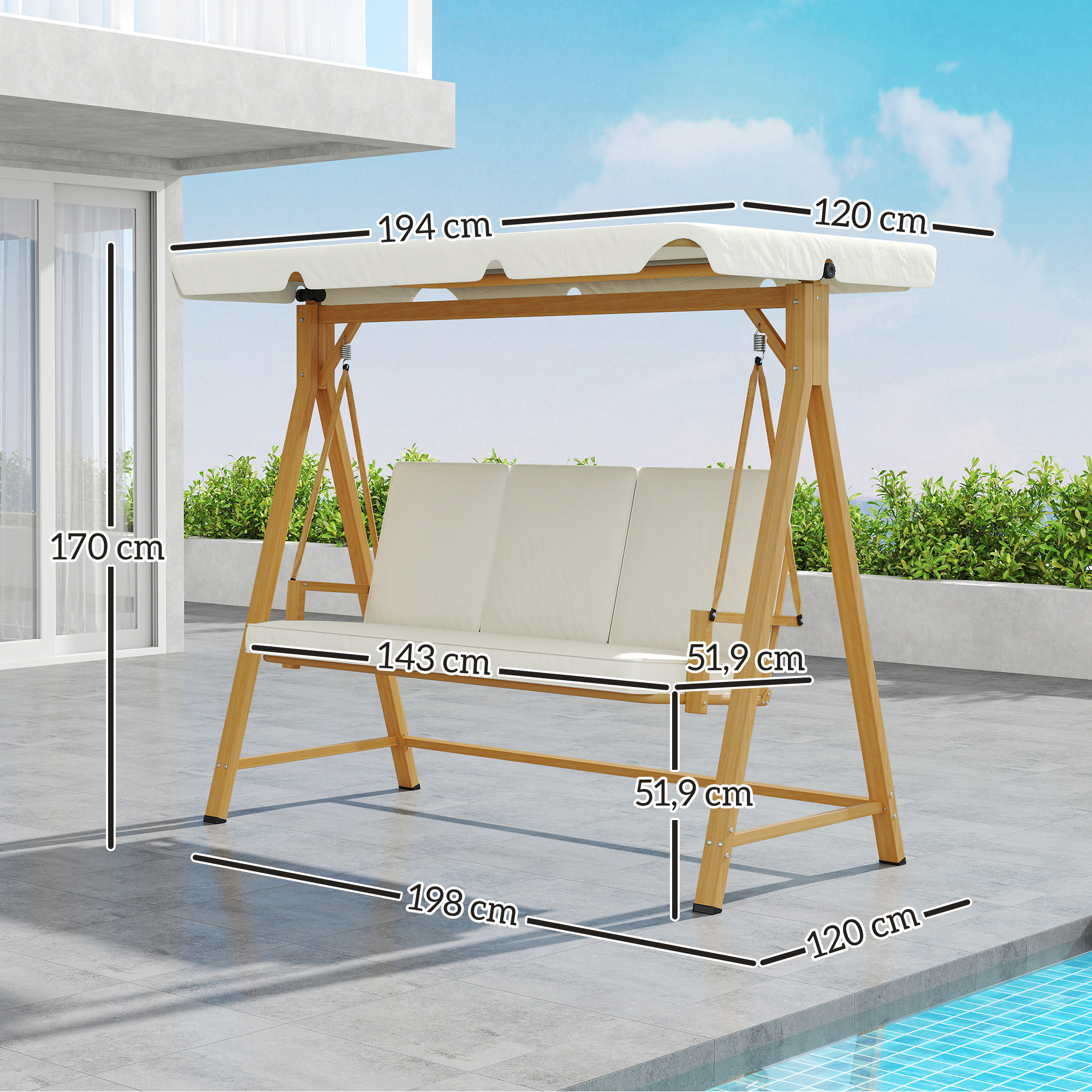 Outsunny Tuinschommel met Verstelbaar Zonnedak en Gewatteerde Zitting, 3-zits tot 330kg, 198 x 120 x 170cm, Beige