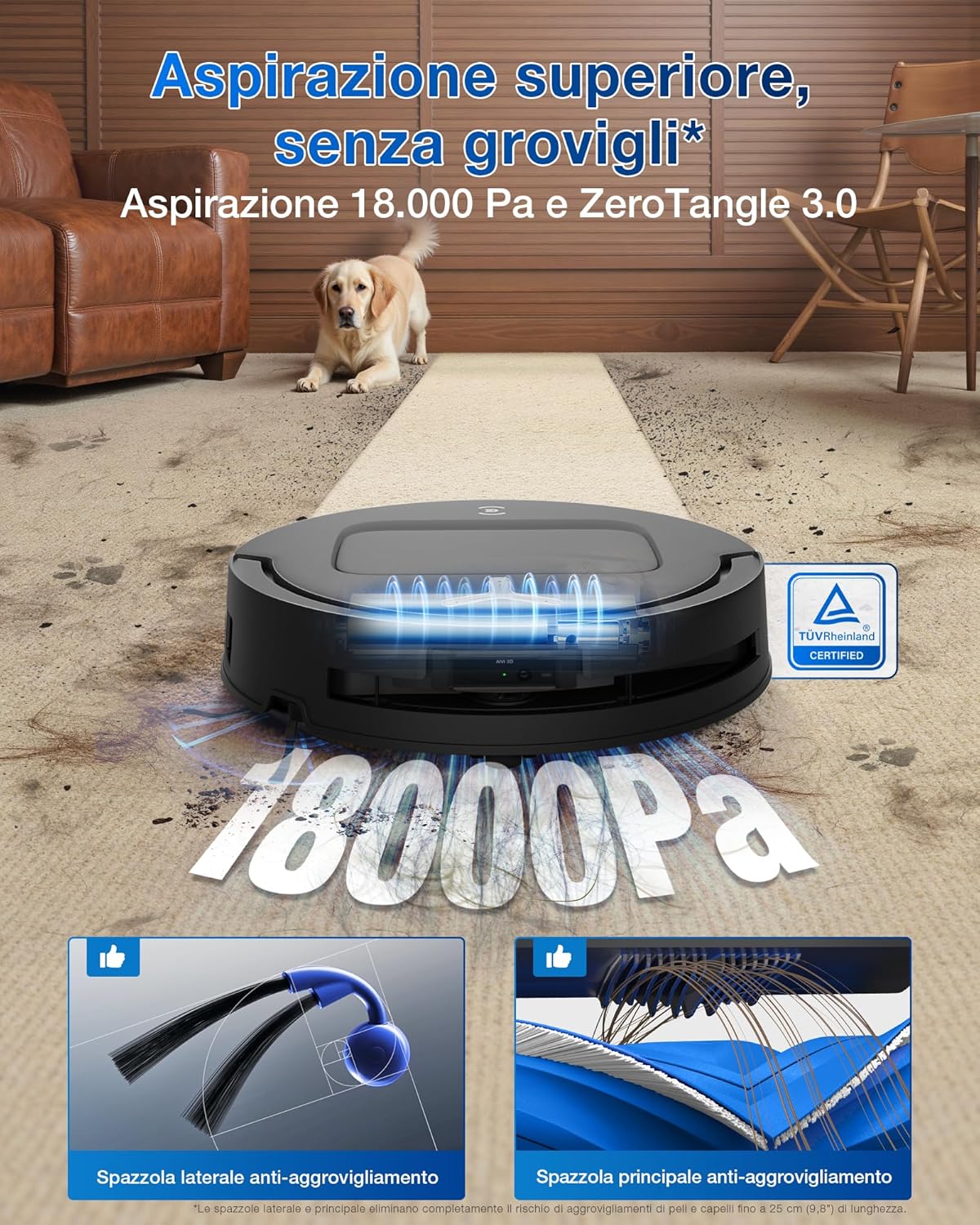 ECOVACS DEEBOT T80 OMNI Robot Aspirapolvere Lavapavimenti, 18.000 Pa, Spazzola OZMO ROLLER, ZeroTangle 3.0, Lavaggio Mocio con Acqua Calda a 40-75 °C, Asciugatura ad Aria Calda, Nero