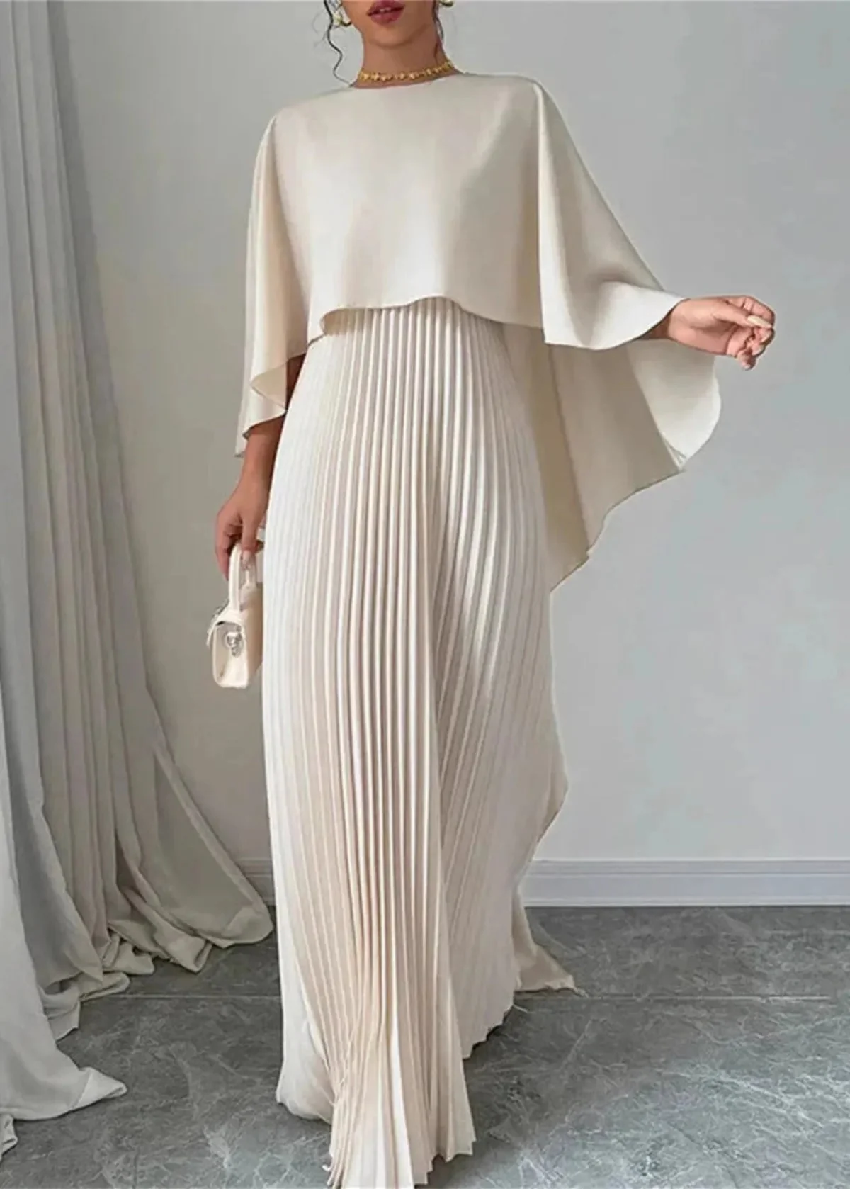 Womena??s Elegant Maxi Dress with Pleated Cape Overlay for Formal Occasions