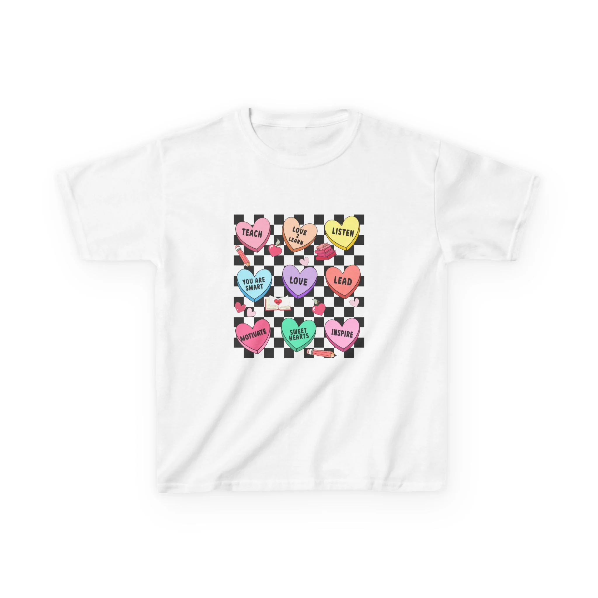 Candy Heart Checkerboard Kids T-Shirt | Pastel Hearts Words