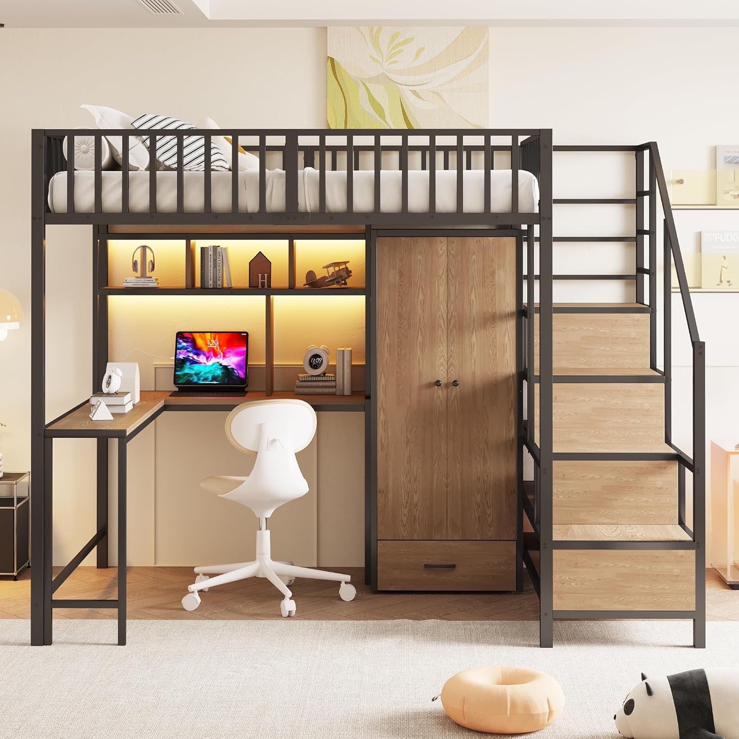 Merax Metall Hochbett 140x200 cm, mit Schreibtisch, Regal, Kleiderschrank und Schubladen, Hochbett mit LED Beleuchtung, Steckdose, USB Typ C, Schwarz (ohne Matratze)