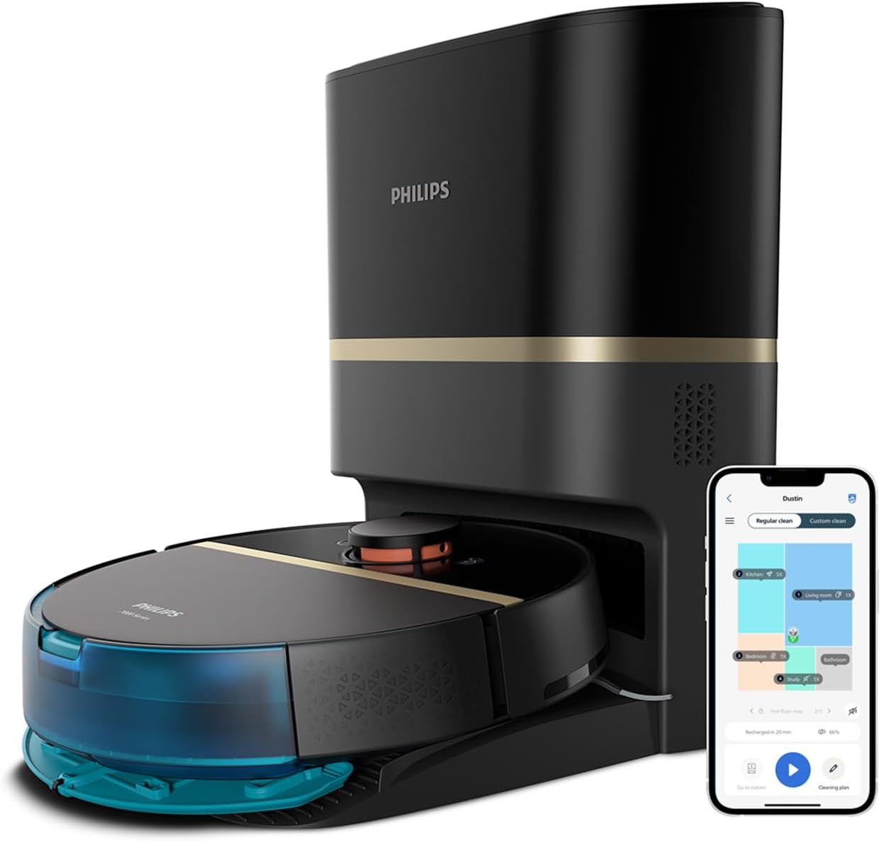 Philips HomeRun Serie 7000 Robot Aspirapolvere e Lavapavimenti con Mappatura, Alta Potenza Asp.ne (5000 Pa), Ril.to Piccoli Ostacoli, con Stazione, per Tappeti e Peli di Animali, App WiFi (XU7100/01)