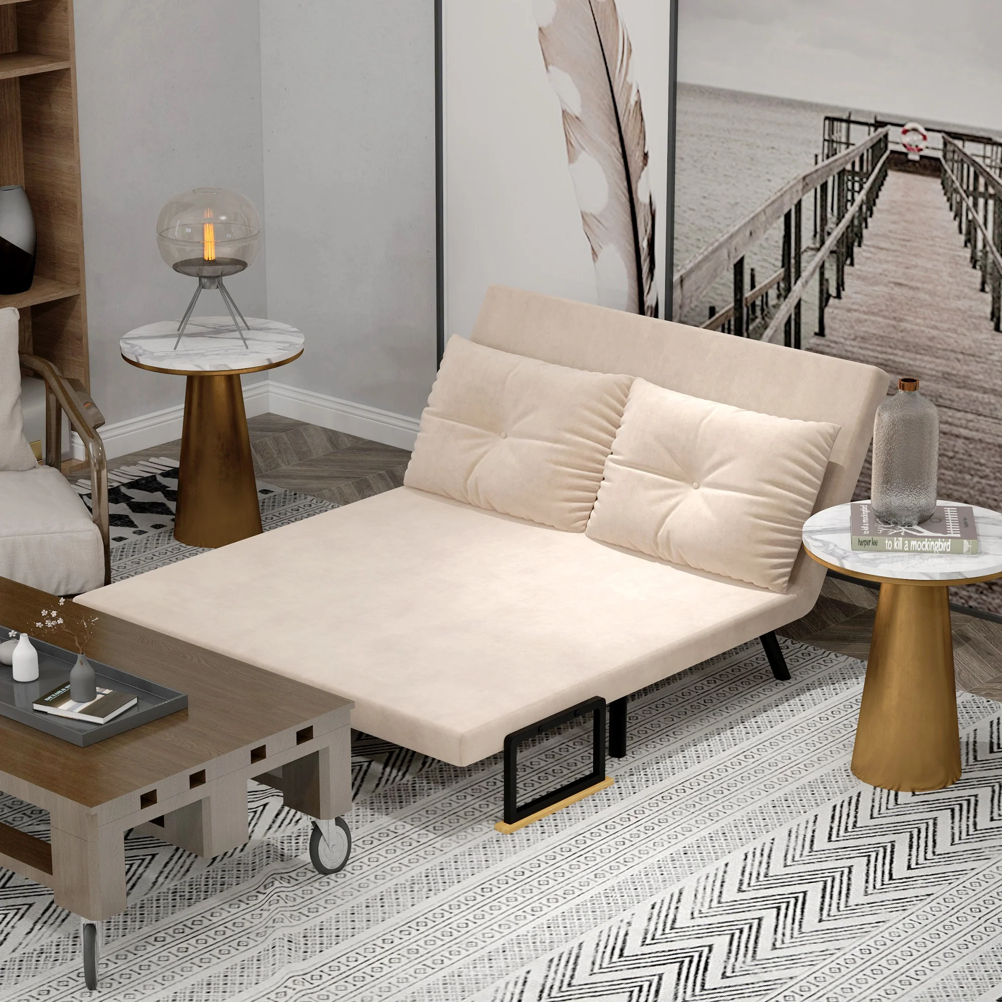 HOMCOM Slaapbank 2-zitsbank Fluweelbank, Slaapfunctie, incl. 2 kussens, Fluweel Optiek, Natuur + Beige + Zwart