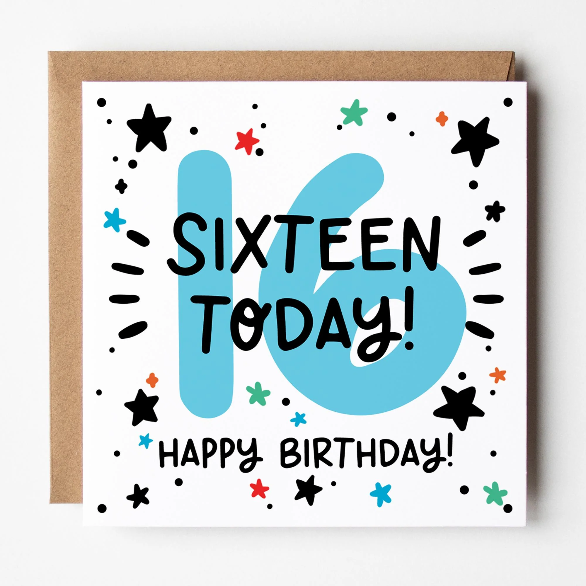 Happy 16th Birthday Card: Blue 16, Sixteen Today with Stars and Kraft Envelope