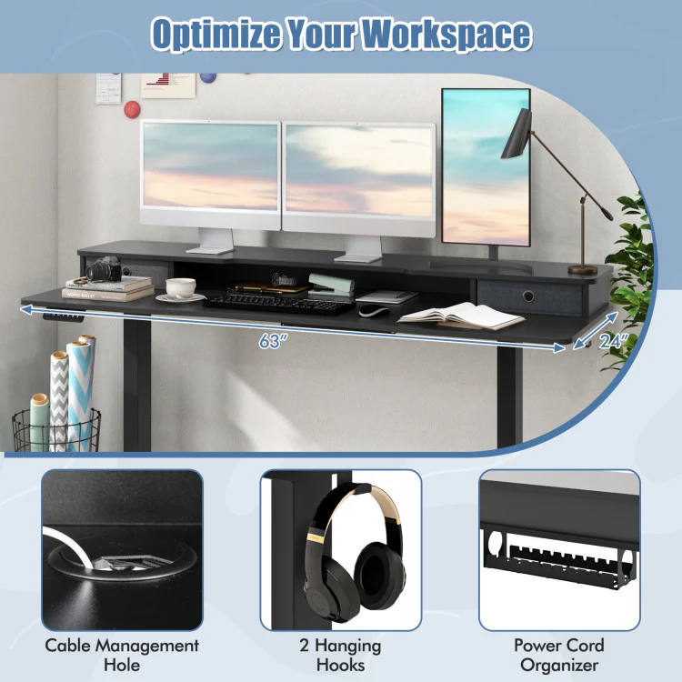 Electric Standing Desk with 2 Drawers, 3 Memory Positions, 63