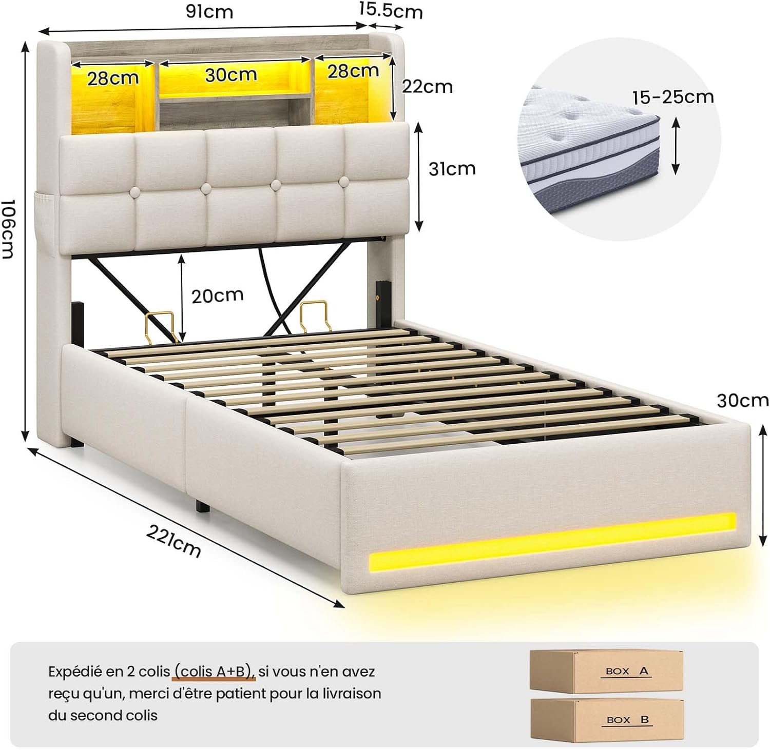 AOGLLATI Polsterbett 90×200cm Hydraulisches Stauraumbett mit LED-Bleuchtung Jugendbett mit Ladestation Einzelbett mit Stauraum Kopfteil, Leinenstoff, ohne Matratze (Beige, 90x200cm)