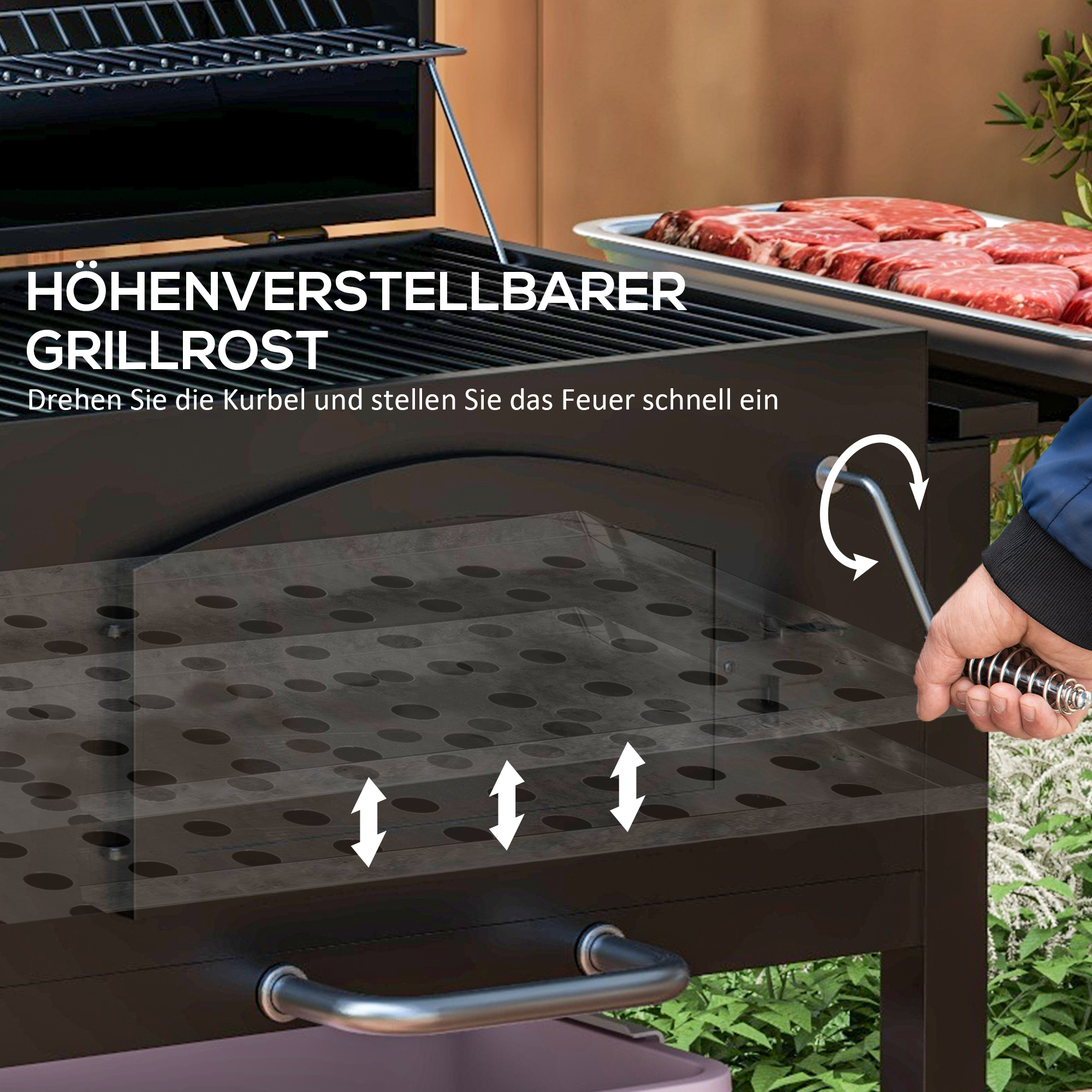 Outsunny Houtskoolgrill BBQ-Grill Smoker, verstelbare koolstoffen, zijtafels, 124 x 66 x 112 cm, Zwart