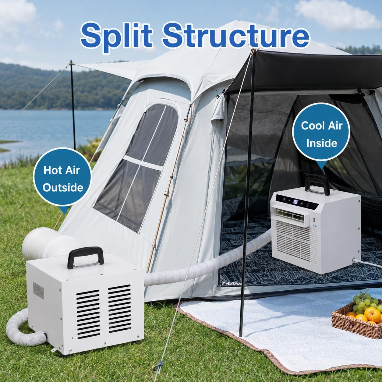 Split-Klimaanlage 3000 BTU Tragbarer Raumkühler mit Touch-Panel-Fernbedienung, 24-Stunden-Timer, oberer Griff, Design für Zuhause, Büro, Camping, keine Montage