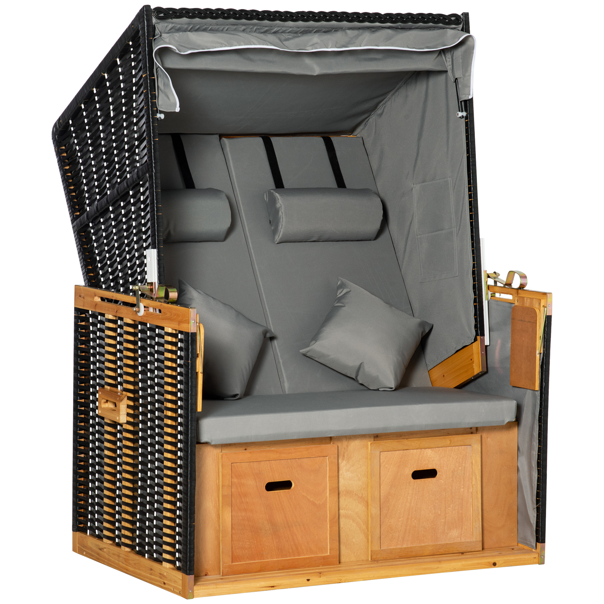 Outsunny strandstoel met dak rotan look klaptafel lichtgrijs 118 x 79 x 150 cm