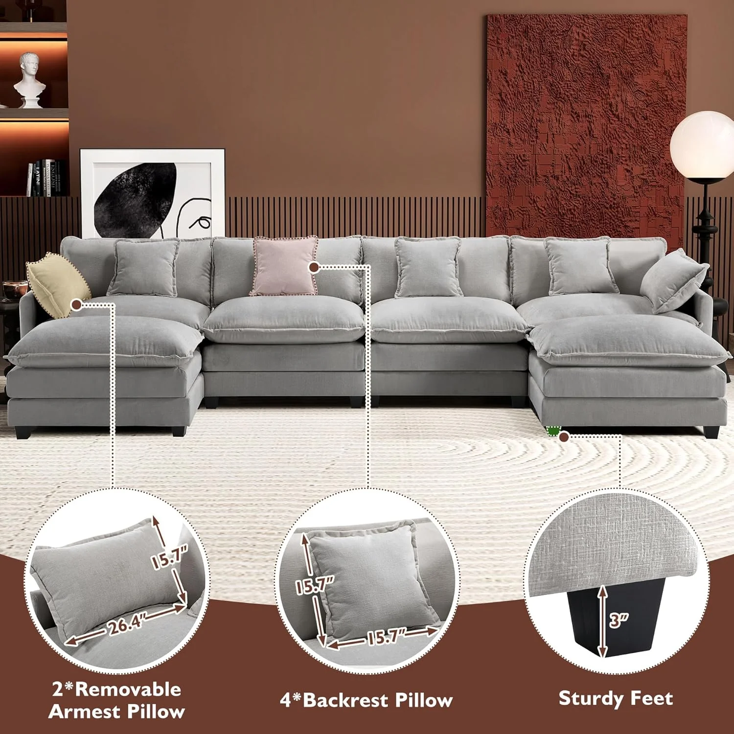 111.4 Inch L-Shaped Modern Sofa Modular Cloud Sofa Ottoman 4-Seater Chenille Deep Seat Sofa