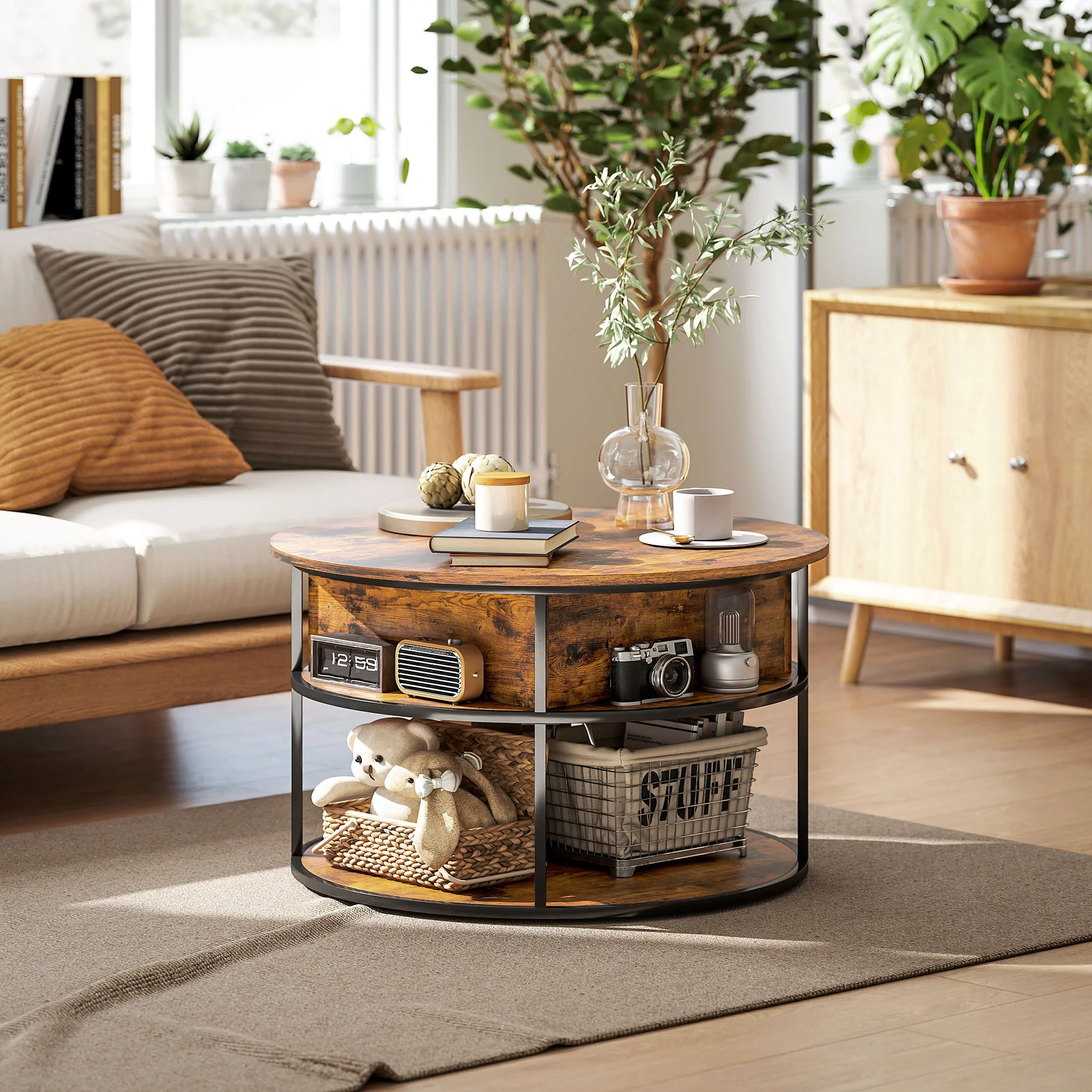 HOMCOM Ronde Koffietafel met Ophefbaar Tafelblad, Opbergruimte, Zijvakken, Stalen Frame, Salontafel, Bruin