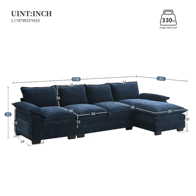 Modern 5-Seat L-Shaped Cloud Sleeper Sofa Couch with Chaise Lounge with Double Seat Cushions