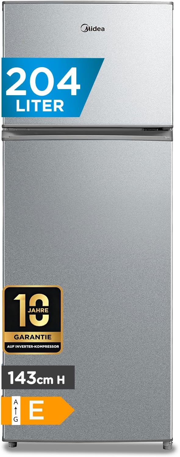 Midea MERT210FGE50 204L Double Door Fridge-Freezer, Top Mount, 176kWh/annum, Adjustable Temperature Control, LED Light, Silver