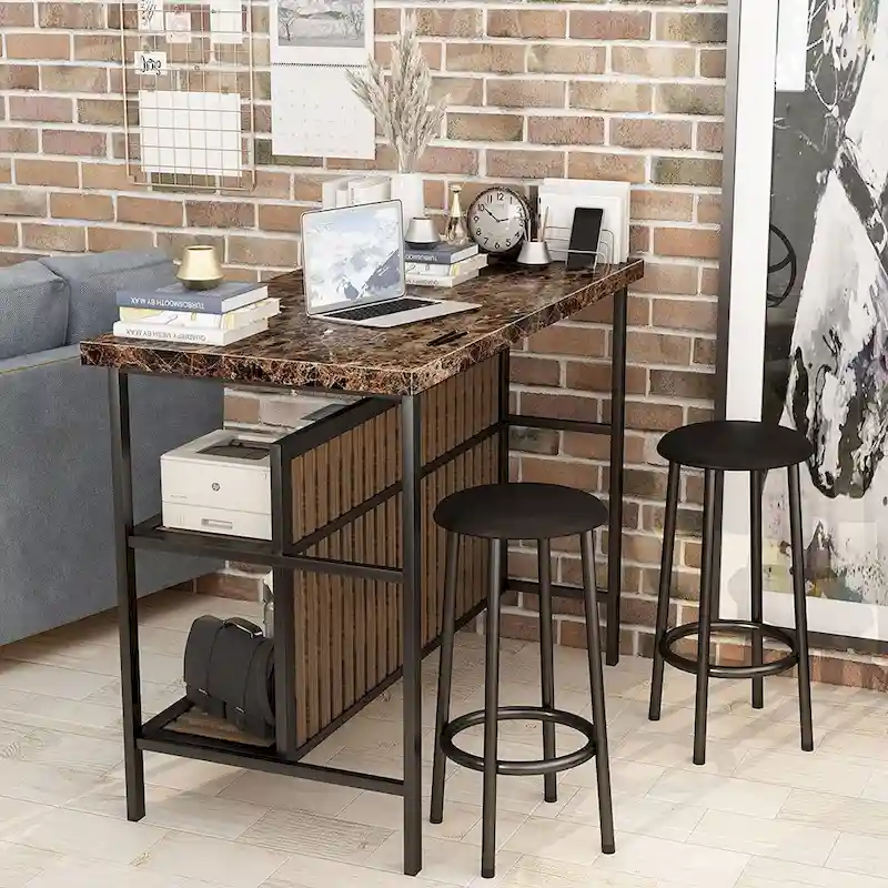 Kitchen Island with 2 Stools and Open Shelves