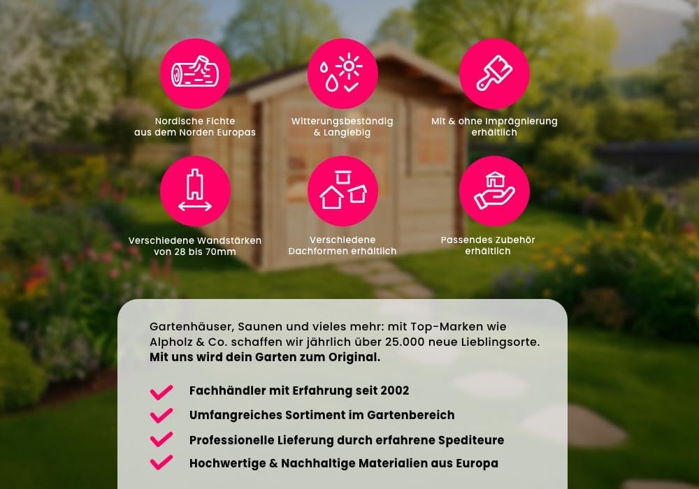 5-Eck Gartenhaus Liwa mit Anbau aus Holz in Naturbelassen mit 28mm Wandstärke und Überdachter Terrasse