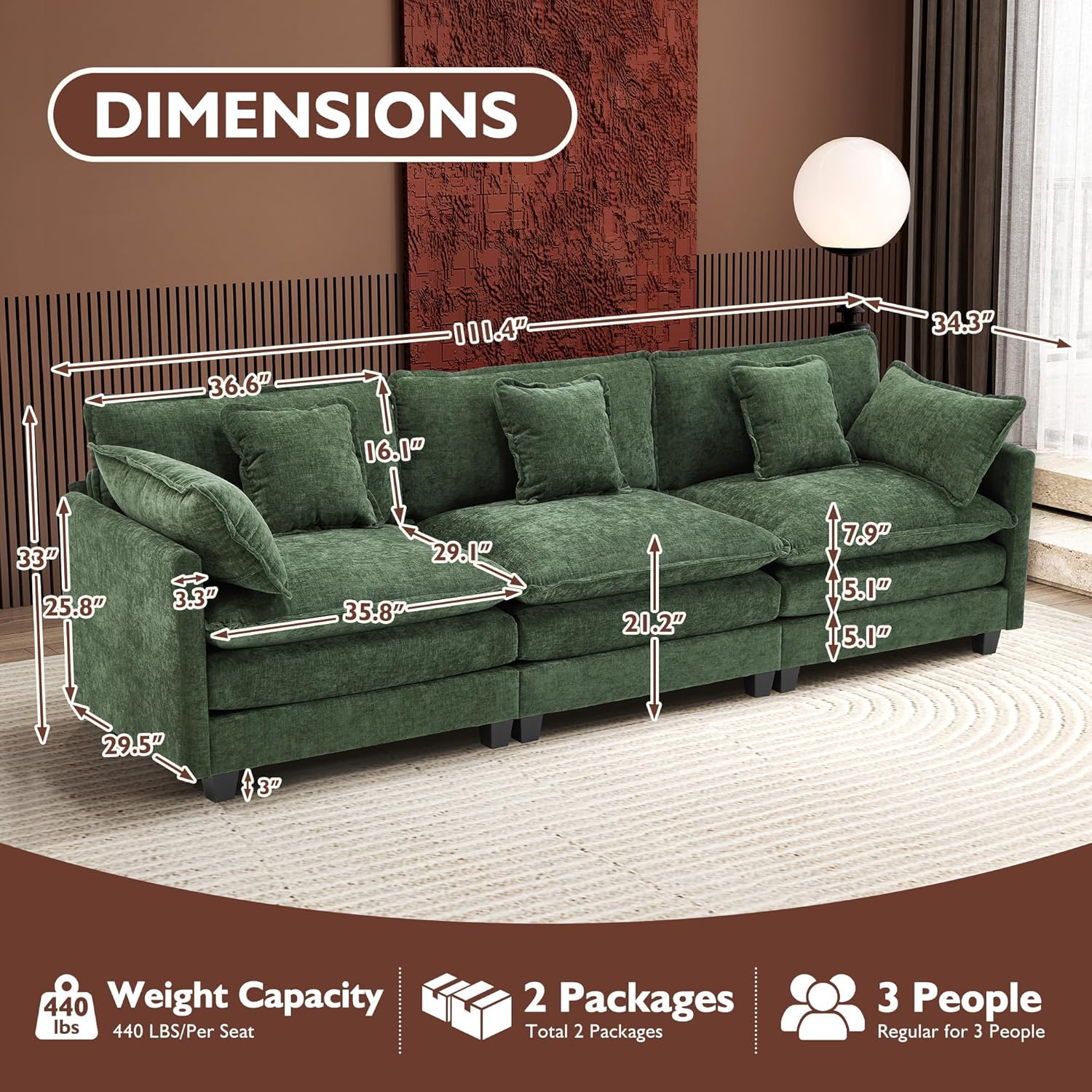 111.4 Inch L-Shaped Modern Sofa Modular Cloud Sofa Ottoman 4-Seater Chenille Deep Seat Sofa