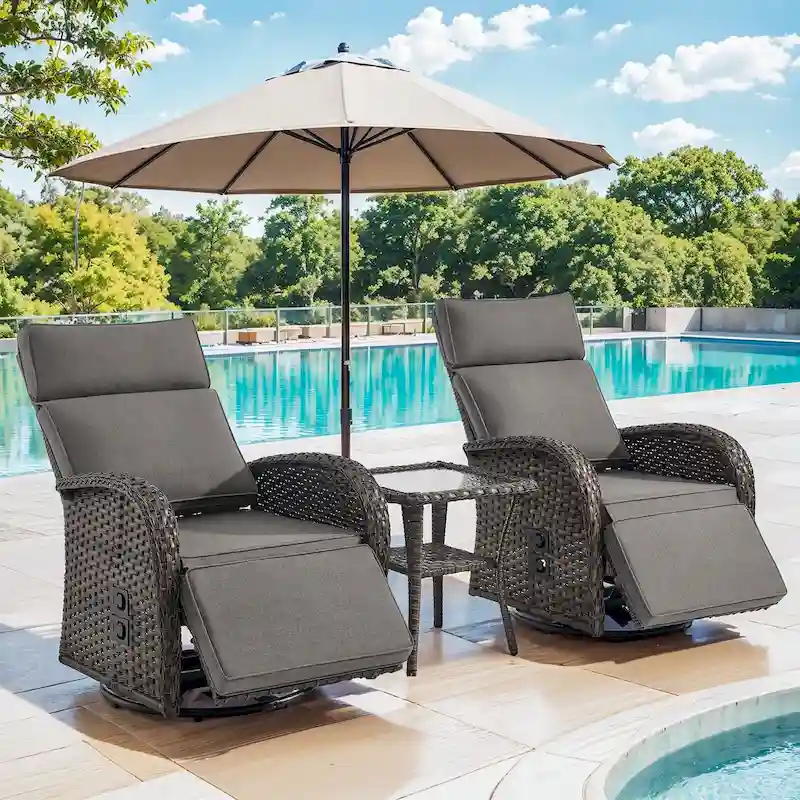 Pocassy 3PCS Versatile Outdoor Recliner Chair with Side Table Grey Cushion