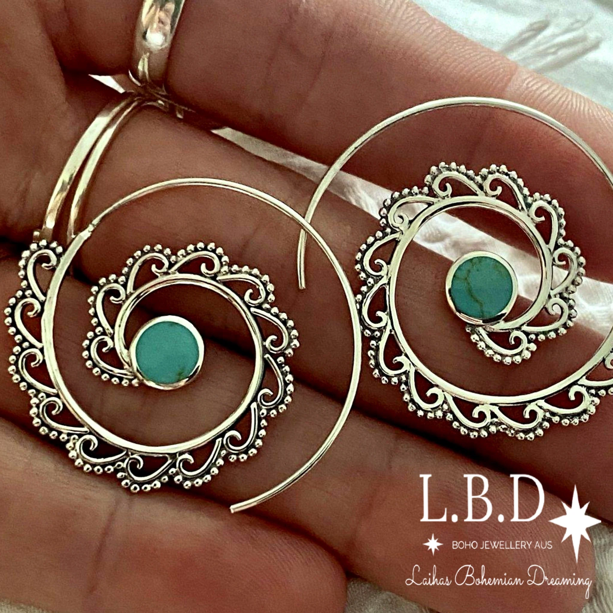 Laihas Boho Spiral Hoop, Sterling Silver Turquoise Earrings