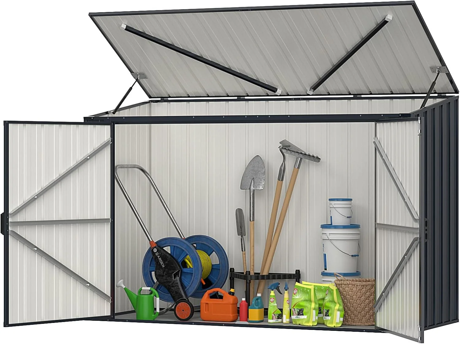 GOPLUS 1,9 m³ Caseta de Jardín de Acero Galvanizado, 193 x 86 x 127 cm, Cobertizo Exterior con Doble Puerta con Cerraduras, Palanca Hidráulica, Casa para Herramientas, Bicicletas, Cubos de Basura