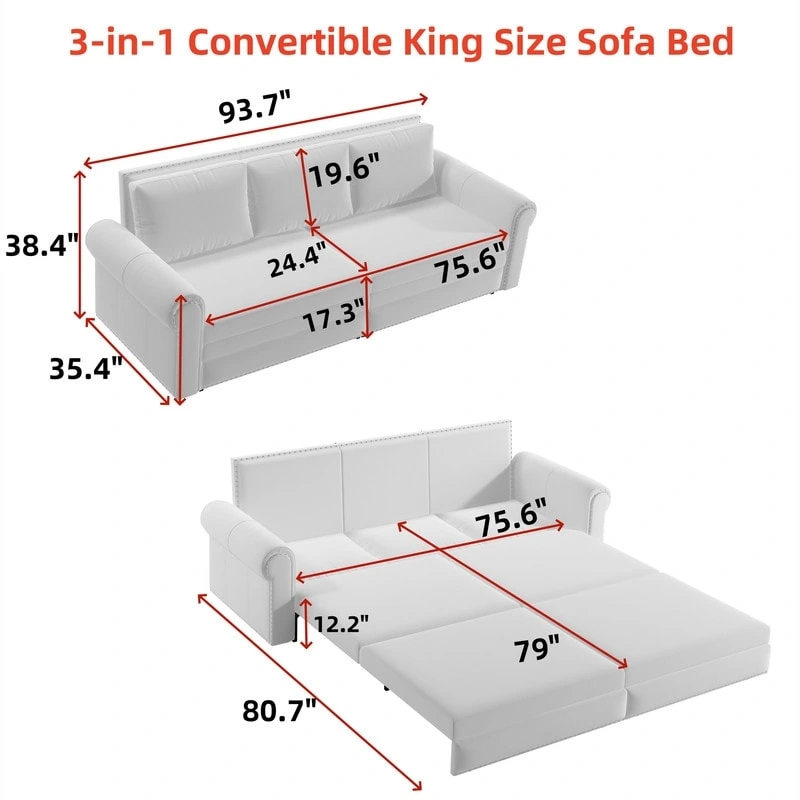 3-in-1 King Pull Out Sofa Bed Chesterfield Sofa, Velvet/Faux Leather Convertible Sleeper Sofa with Nailhead Trim & Rolled Arm