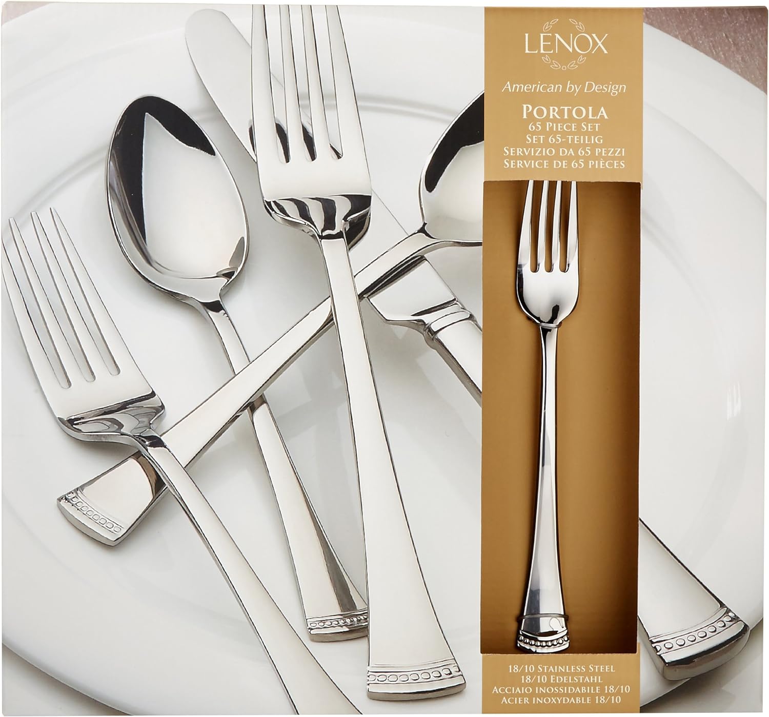 Lenox Silverware Set For 12, Portola 65-Piece Flatware Set with Serving Utensils, Service For 12, 18/10 Stainless Steel Flatware, Dishwasher Safe, Knives Spoons and Forks (Silver, 65 pieces)