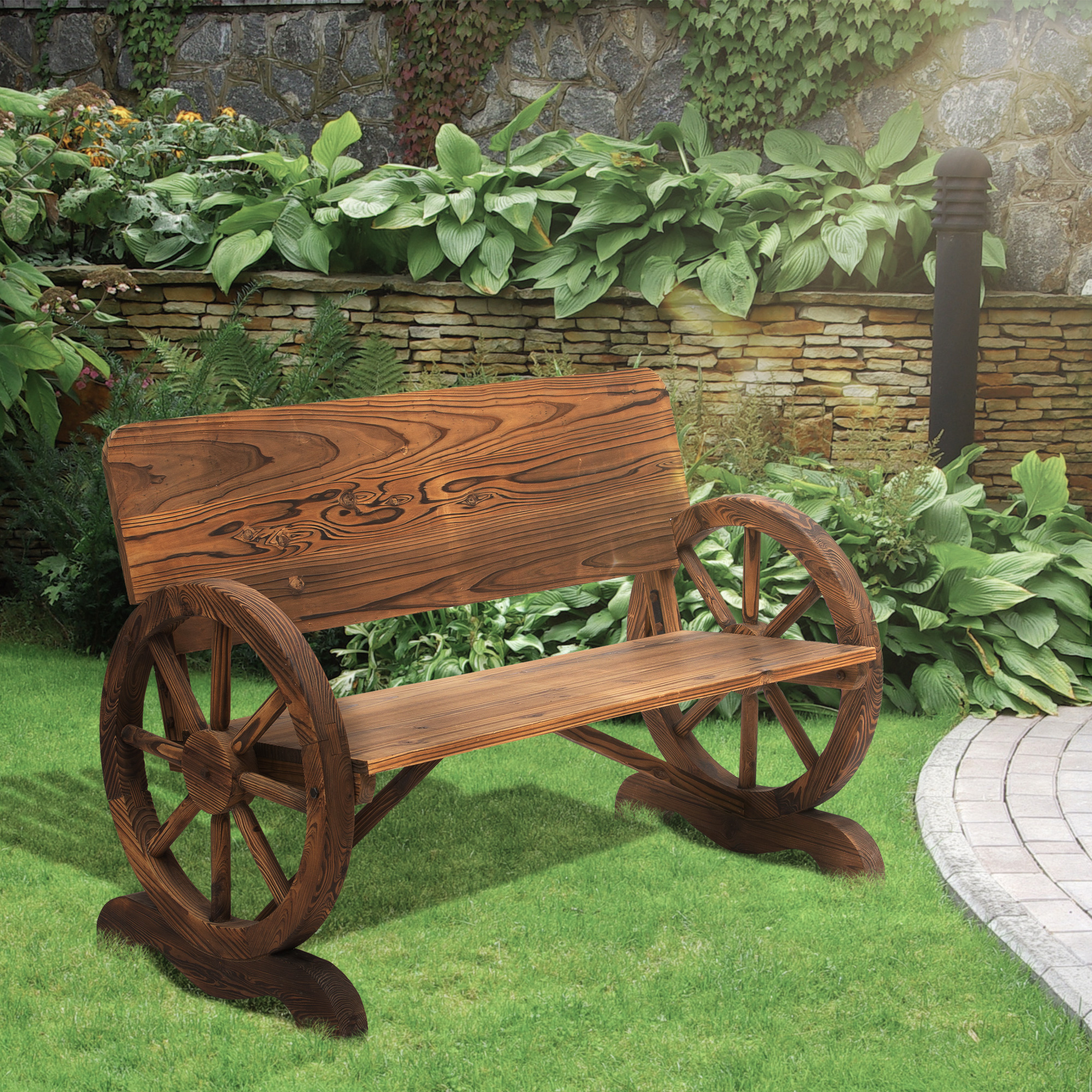 Outsunny Tuinbank bank tuinmeubelen armleuning wagen wielen design massief hout bruin