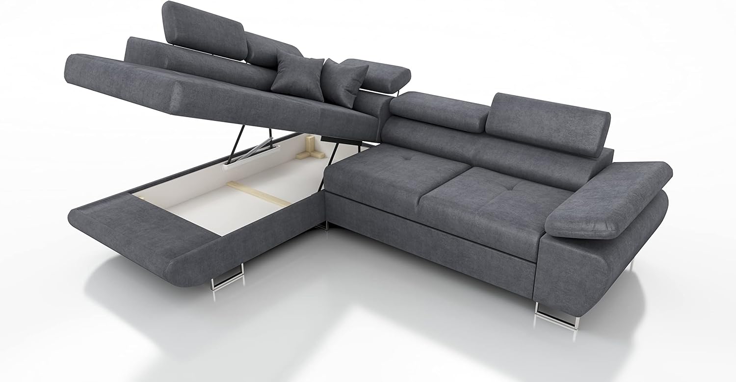 Robin Inspire Saturn Premium Kingston Divano ad angolo con funzione di letto con cassetto per la biancheria e cuscini e Poggiatesta regolabili angolo a sinistra grigio scuro 272 x 200 x 73/90