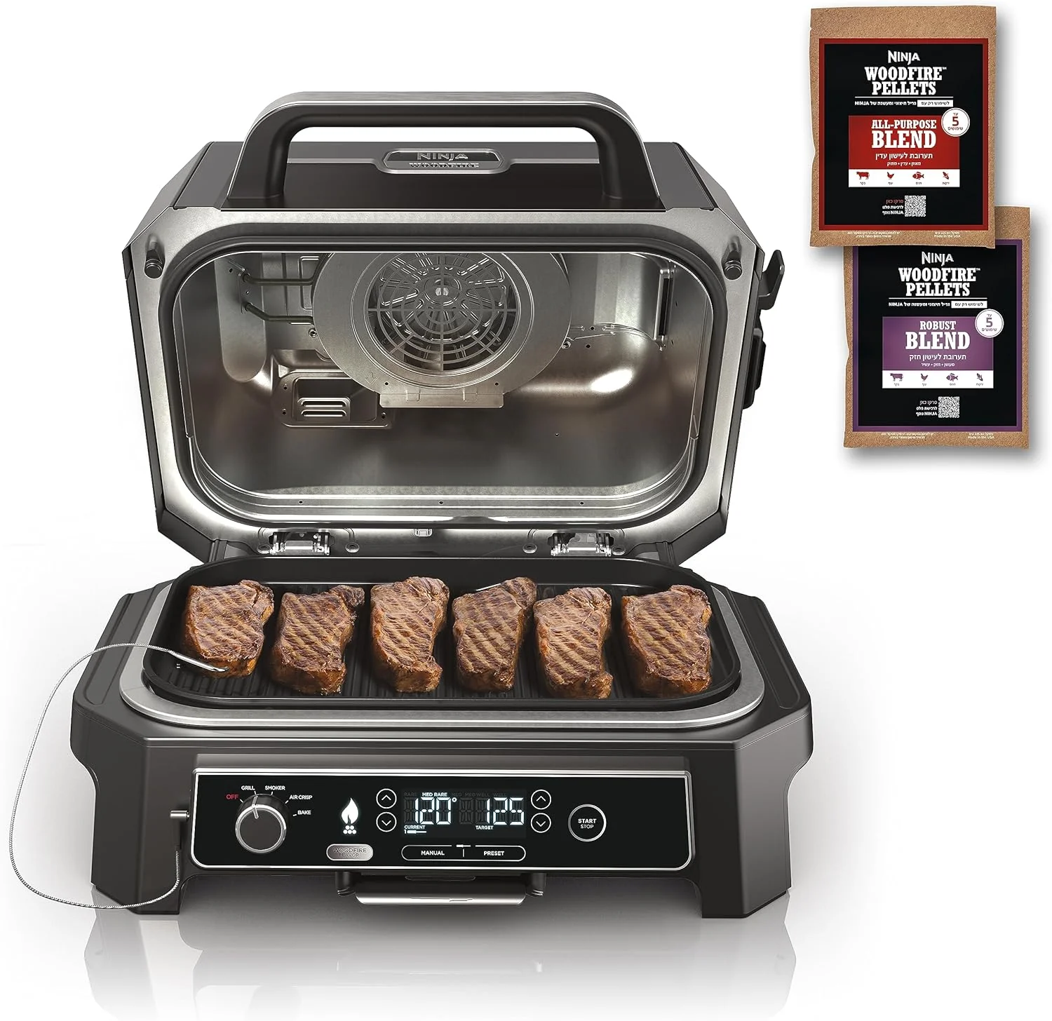 7-in-1 Grill & Smoker with Thermometer, Air Fryer, BBQ, Bake, Roast, Broil - Portable Electric Outdoor Grill, Grey