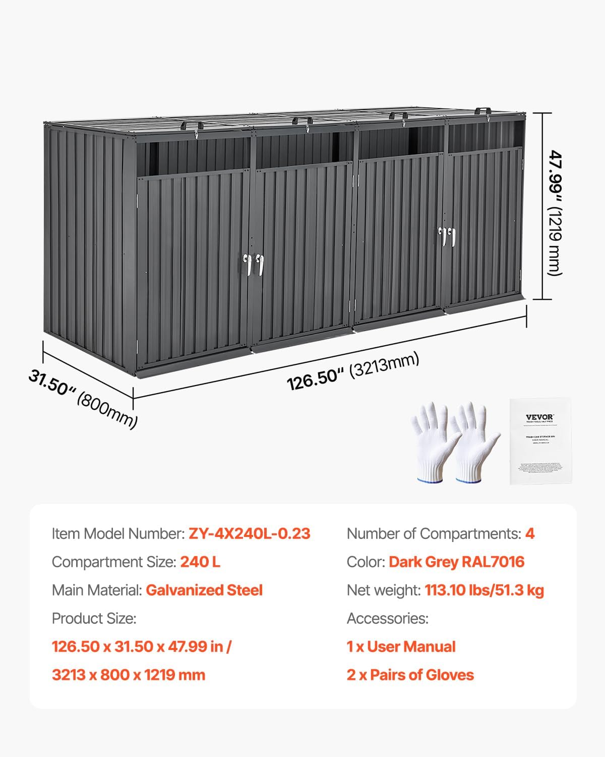 VEVOR Abri pour poubelles, 4 x 240 L, Rangement pour poubelles Horizontal en Acier galvanisé, boîte de Rangement à poubelles extérieur, étanche et verrouillable, pour Jardin, arrière-Cour et terrasse
