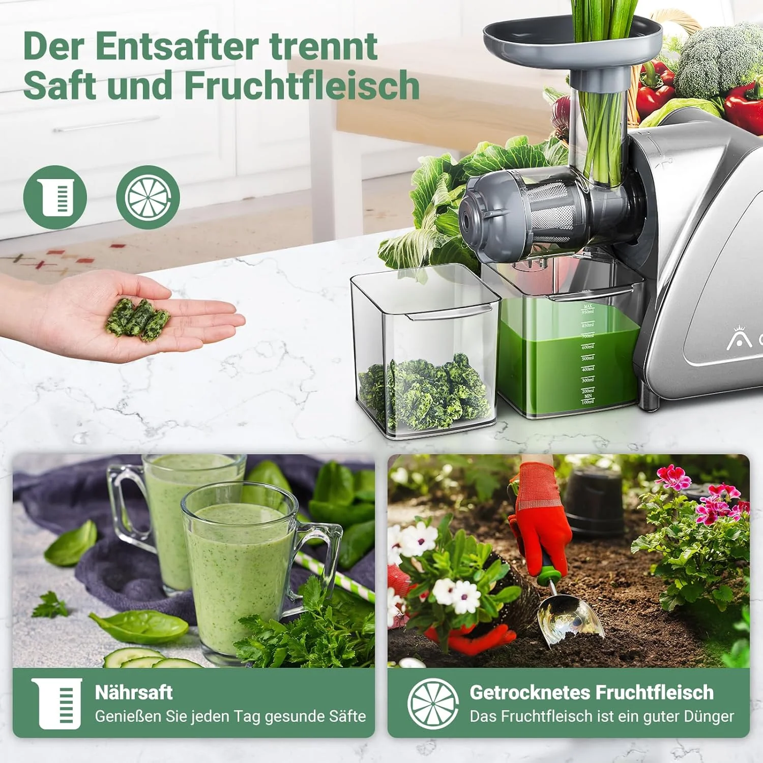 【Novità】 AOBOSI Spremiagrumi Estrattore di Succo a Freddo con 2 Velocità - Estrattore Frutta e Verdura con Coclea a 8 Stadi - Spremiagrumi con Spazzola per la Pulizia e 2 Bicchieri - Spremiagrumi con Funzione di Retromarcia