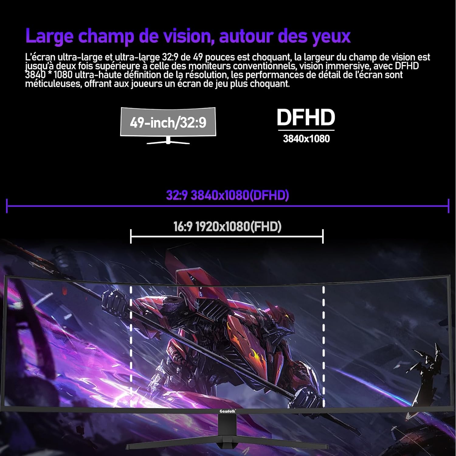 Gawfolk 49 Pouces Écran PC d'ordinateur de Jeu 1500R Ultra-Large incurvé, DFHD (3840×1080), 165Hz, 1MS, FreeSync, 120% sRGB, Moniteur réglable en Hauteur, HDMI2.0、DP1.4, VESA 100 * 100mm-Noir
