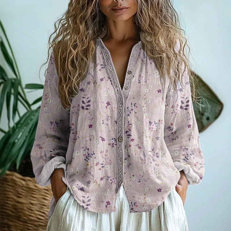 Women��s Long Sleeve Blouse Embroidered Floral V-Neck Design